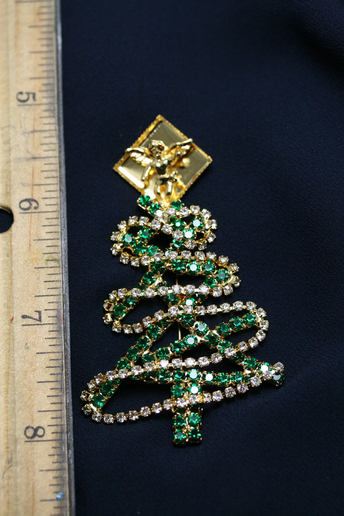 Vintage Rhinestone Christmas Tree Pin Brooch Angel Topper
