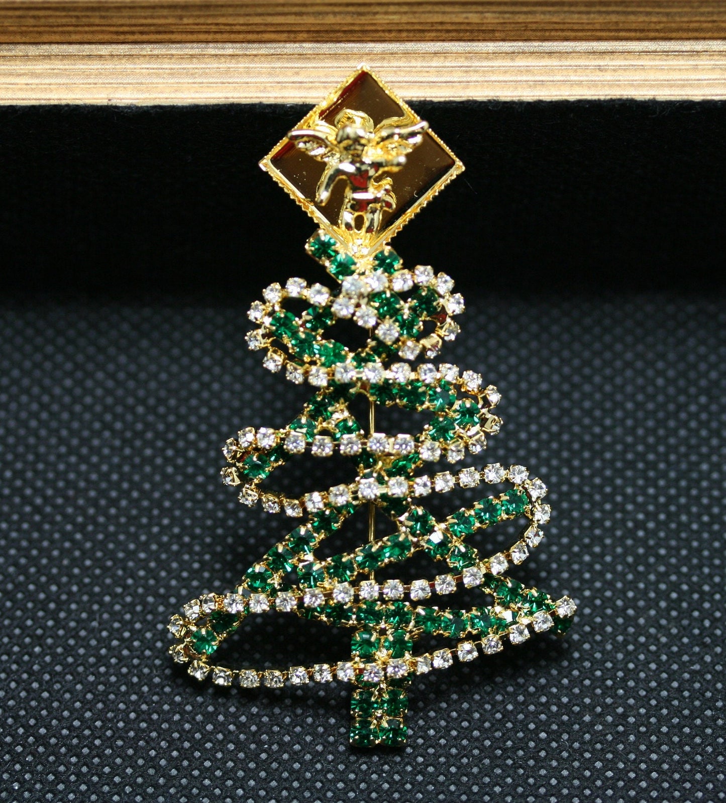 Vintage Rhinestone Christmas Tree Pin Brooch Angel Topper