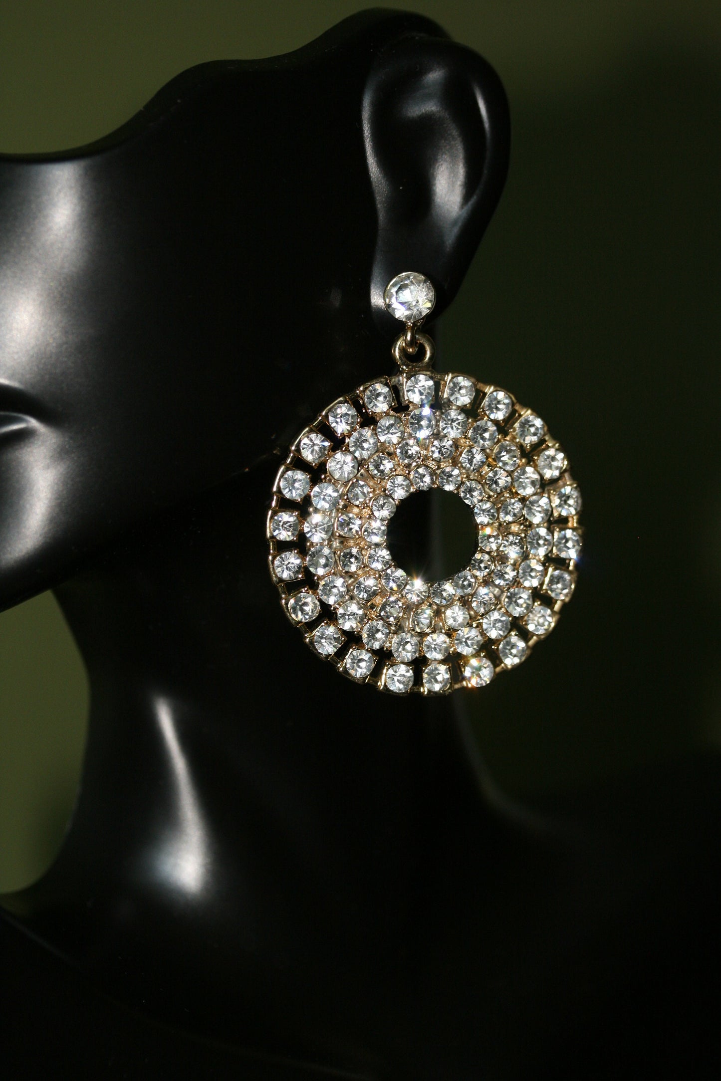 Vintage Massive Rhinestone Hoop Dangling Earrings Gold-tone Pageant Earrings Décor Drop Earrings