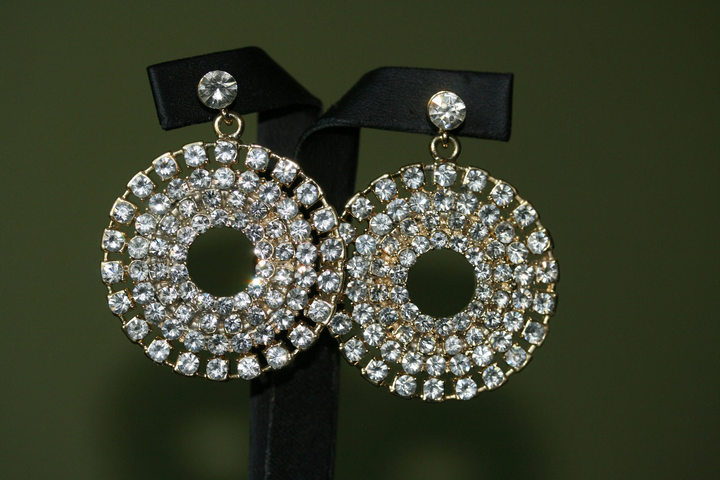 Vintage Massive Rhinestone Hoop Dangling Earrings Gold-tone Pageant Earrings Décor Drop Earrings