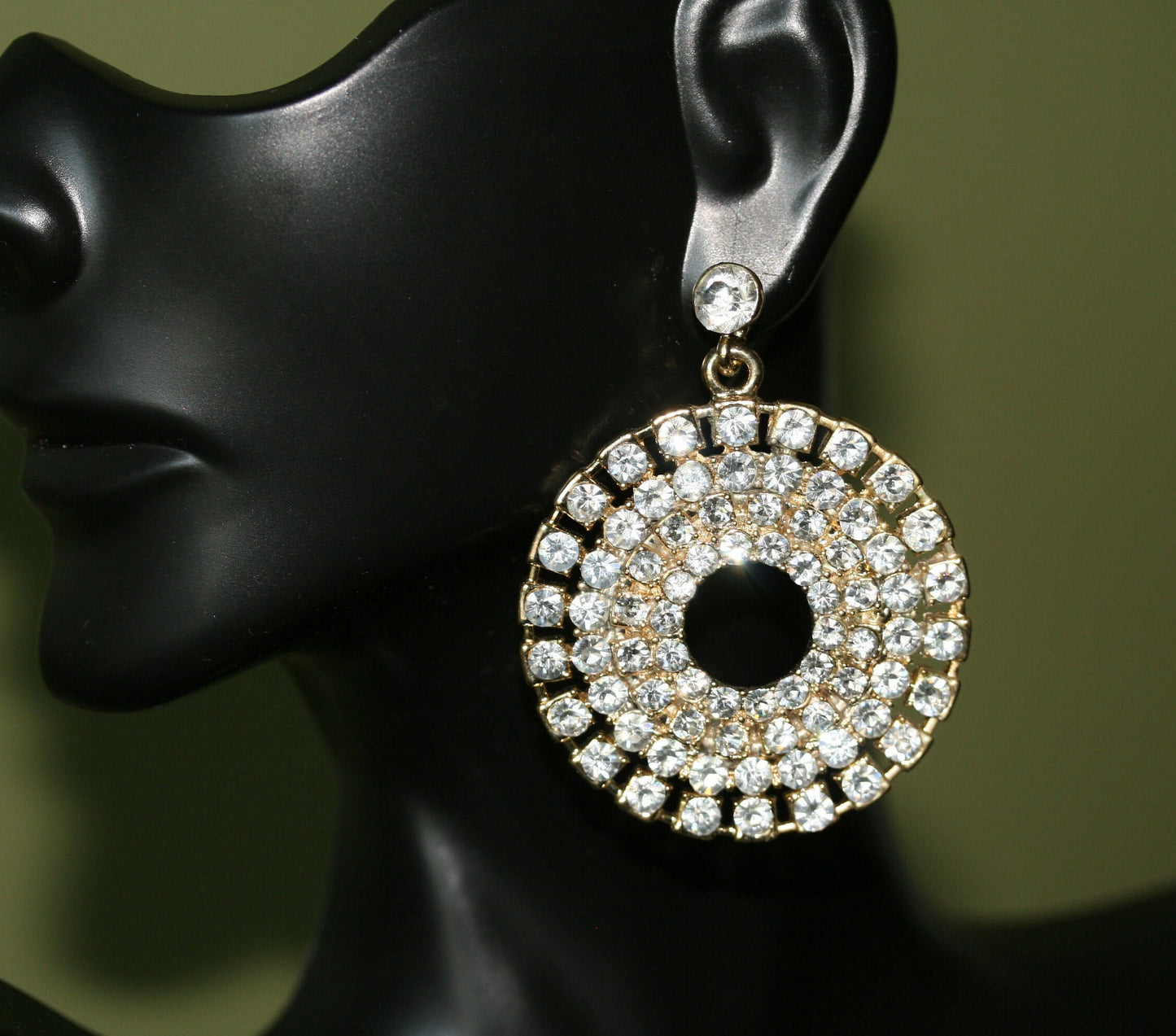Vintage Massive Rhinestone Hoop Dangling Earrings Gold-tone Pageant Earrings Décor Drop Earrings