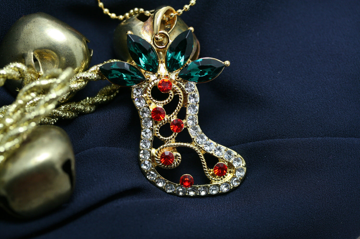 Christmas Stocking Gold Red Green Rhinestone Pendant, Crystal Christmas Stocking Jewelry