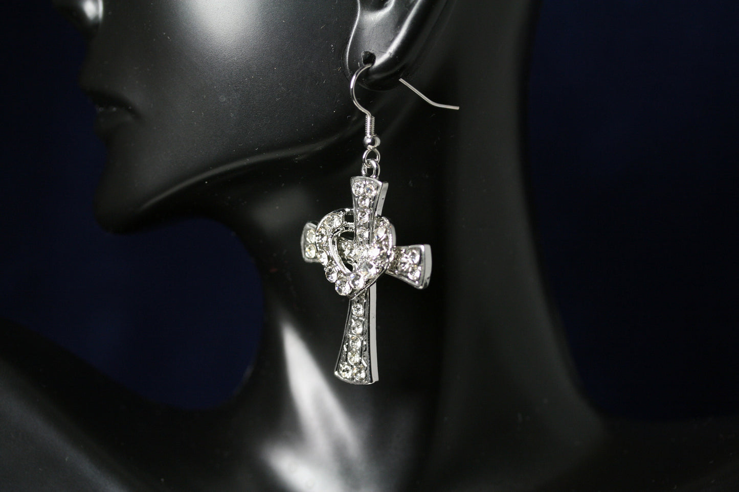 Fashion Heart with Crystal Cross Personality Fishhook Earrings Charm Women Girls