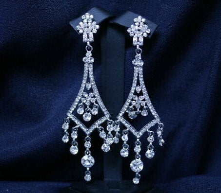 Dangling CHANDELIER DIAMOND EARRINGS Pierced in silver or gold clear rhinestones elegant bridal earrings Dazzle Crystal Fashion Jewelry