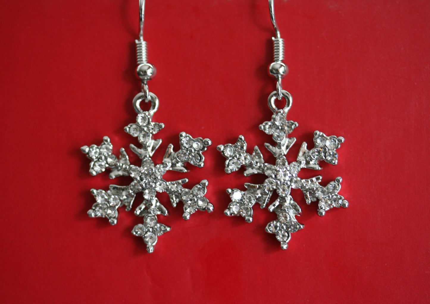Rhinestone French Hook Snowflake Earrings, Silver Plated Christmas Crystal Snow Flake Dangling Earring, Holiday Fashion Jewelry Gift