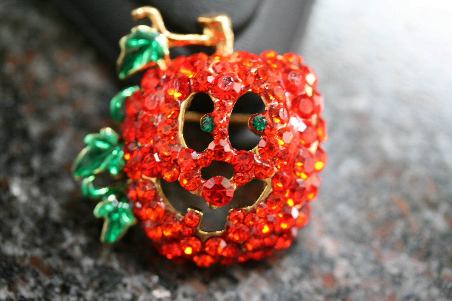 Rhinestone Orange Pumpkin Face Brooch Pin, Halloween Jewelry Gift