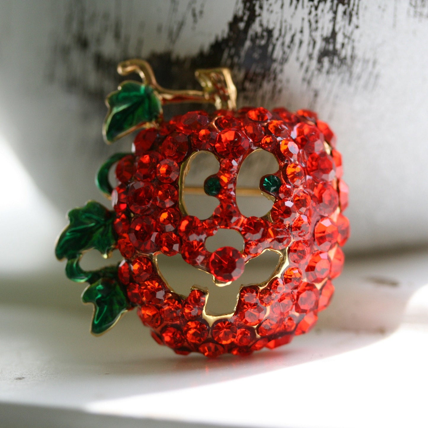 Rhinestone Orange Pumpkin Face Brooch Pin, Halloween Jewelry Gift
