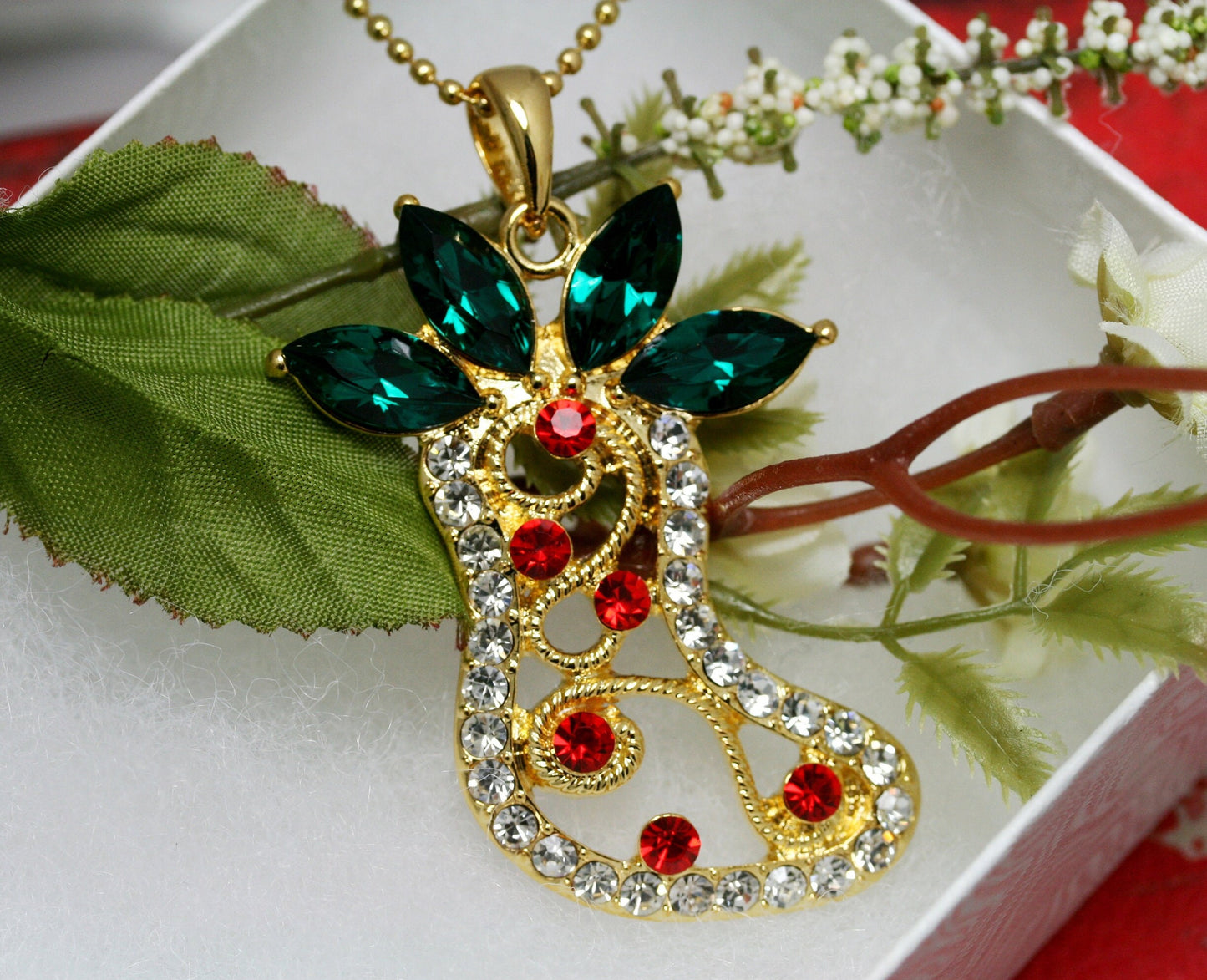 Christmas Stocking Gold Red Green Rhinestone Pendant, Crystal Christmas Stocking Jewelry