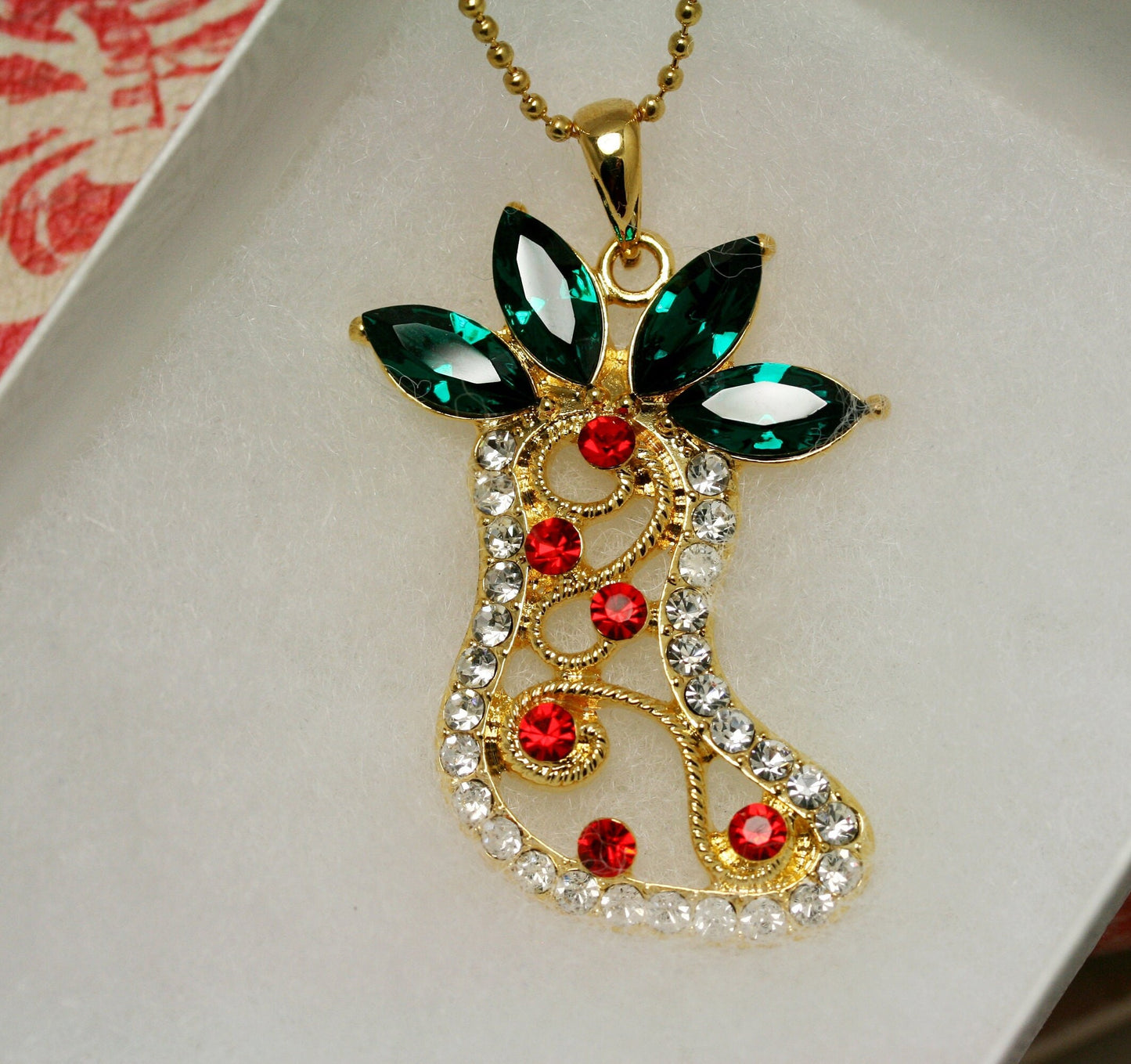 Christmas Stocking Gold Red Green Rhinestone Pendant, Crystal Christmas Stocking Jewelry