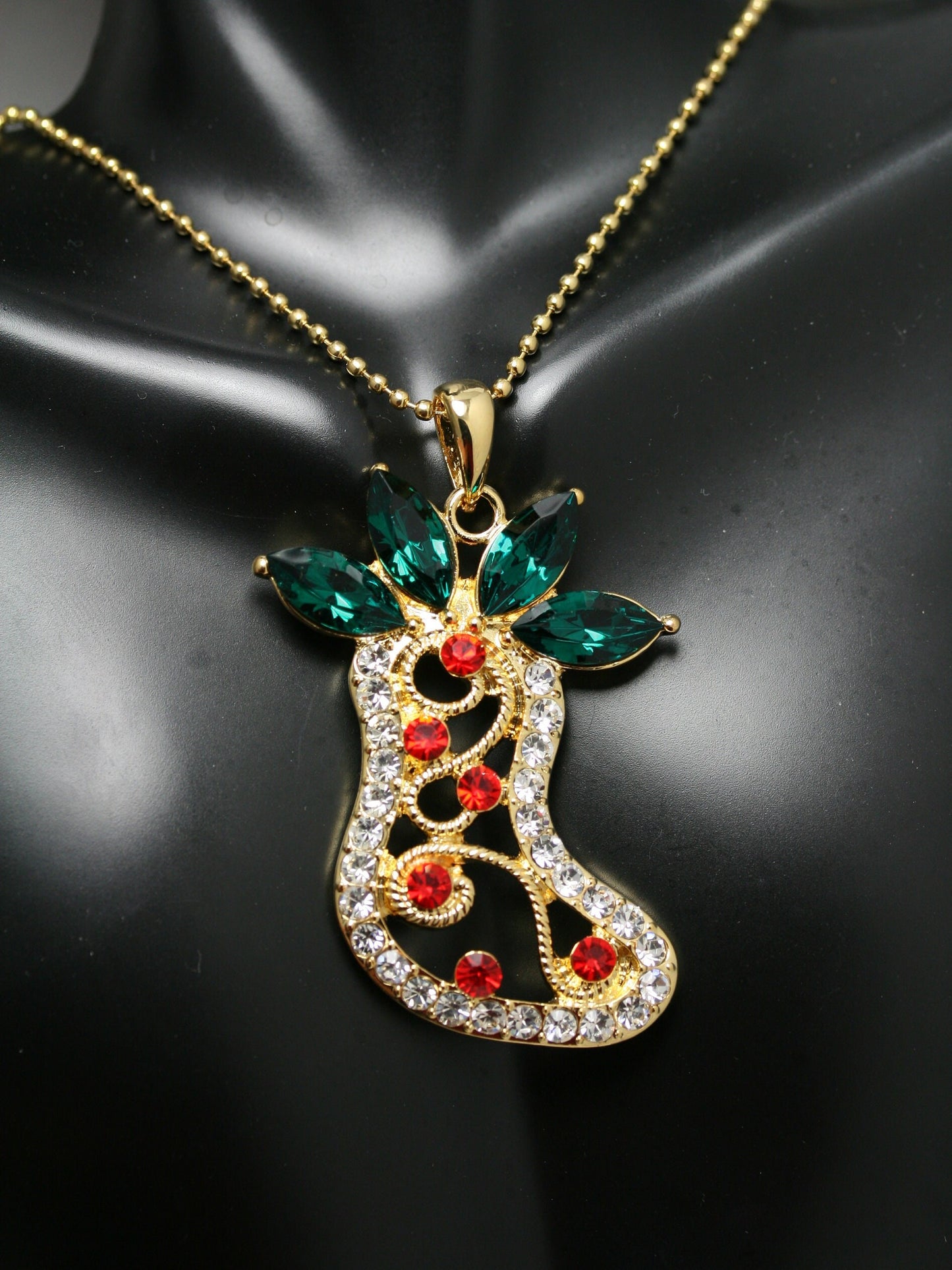 Christmas Stocking Gold Red Green Rhinestone Pendant, Crystal Christmas Stocking Jewelry