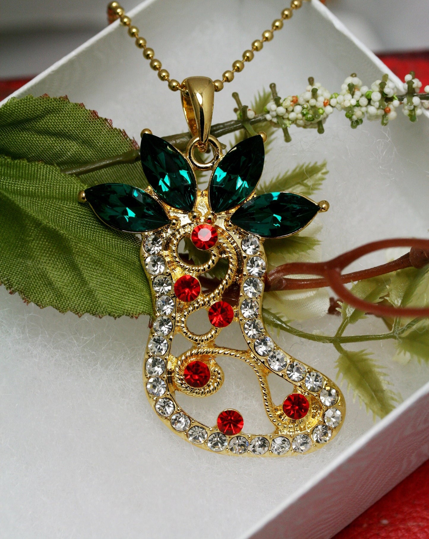 Christmas Stocking Gold Red Green Rhinestone Pendant, Crystal Christmas Stocking Jewelry