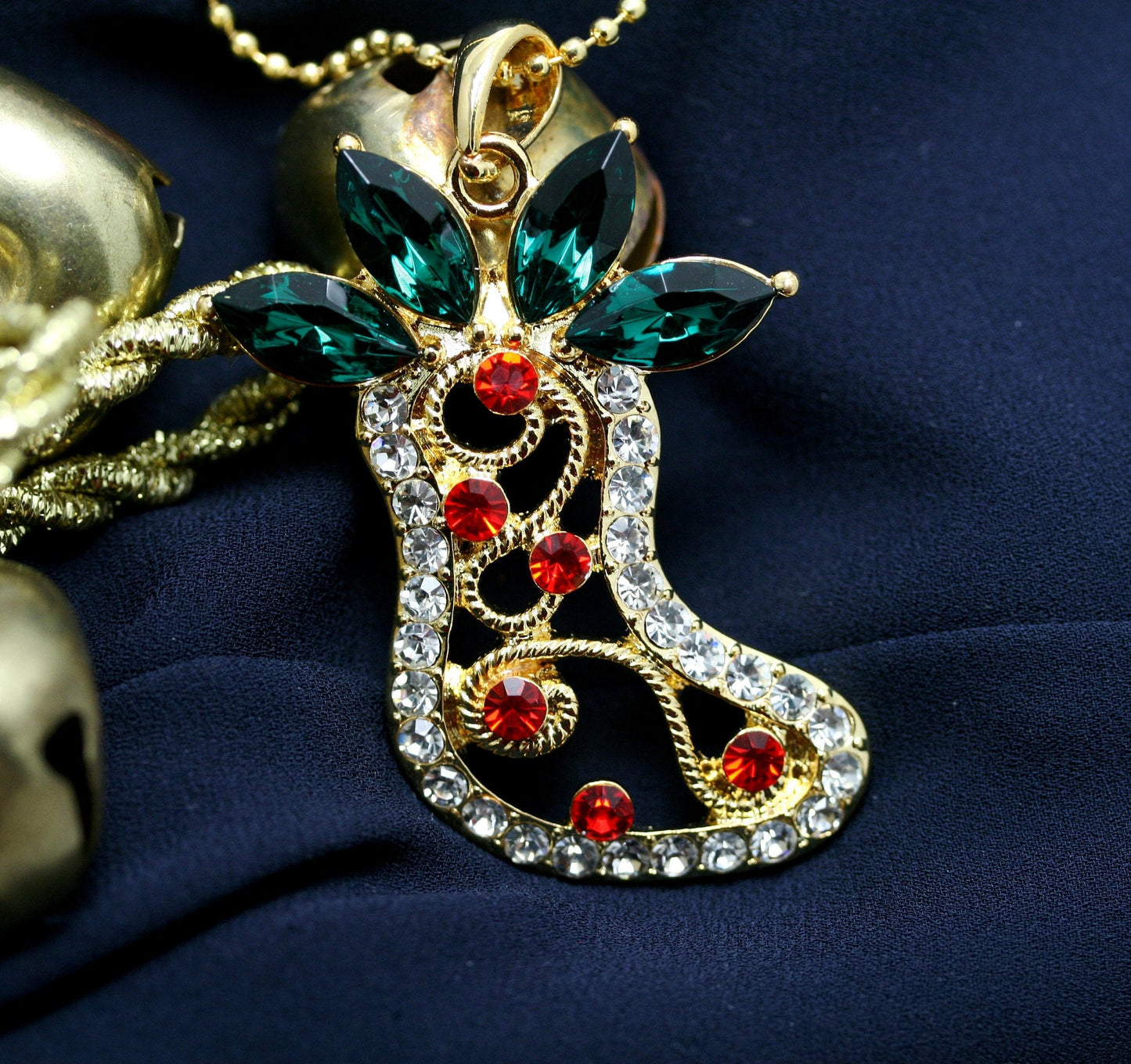 Christmas Stocking Gold Red Green Rhinestone Pendant, Crystal Christmas Stocking Jewelry