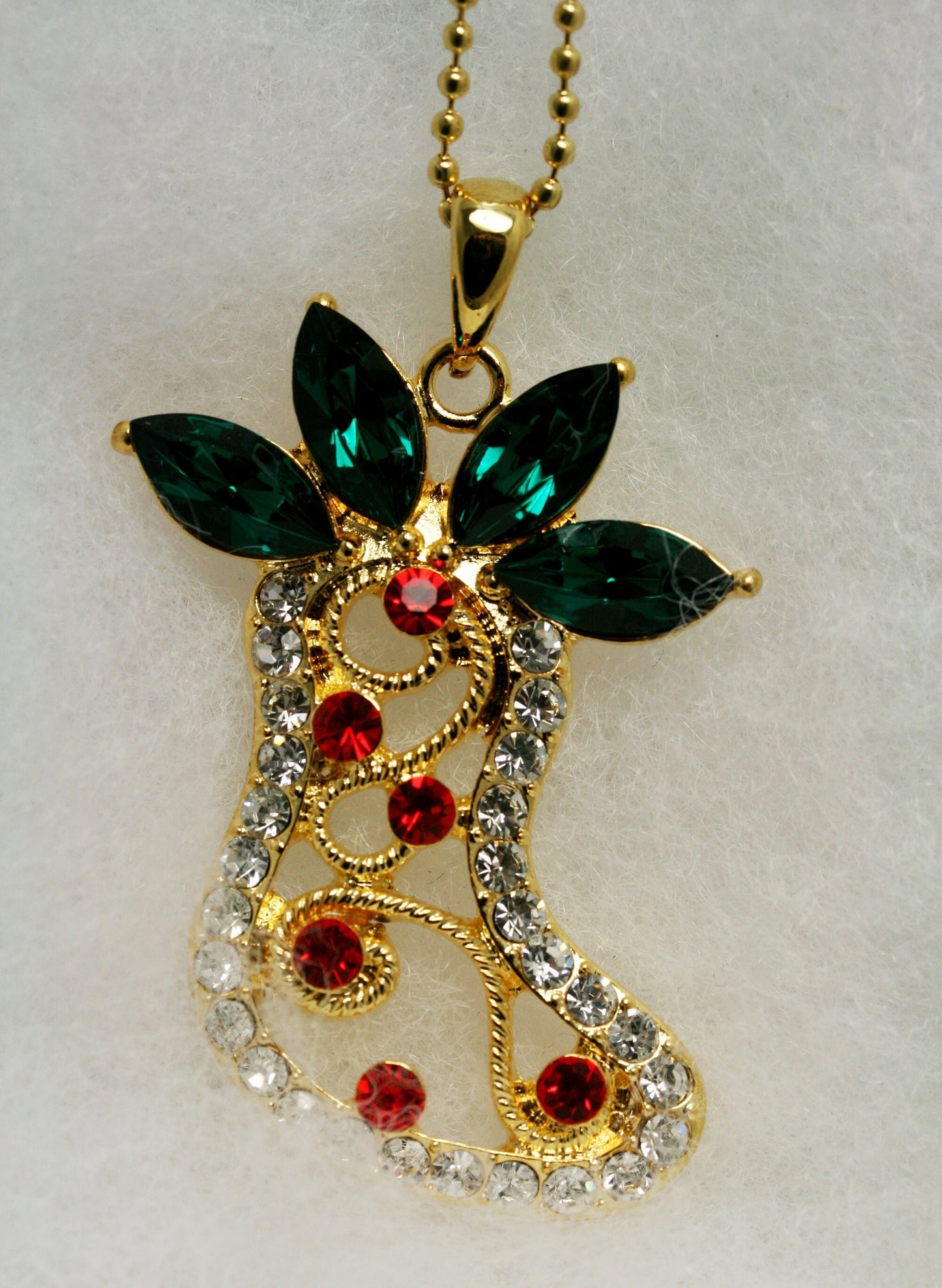 Christmas Stocking Gold Red Green Rhinestone Pendant, Crystal Christmas Stocking Jewelry