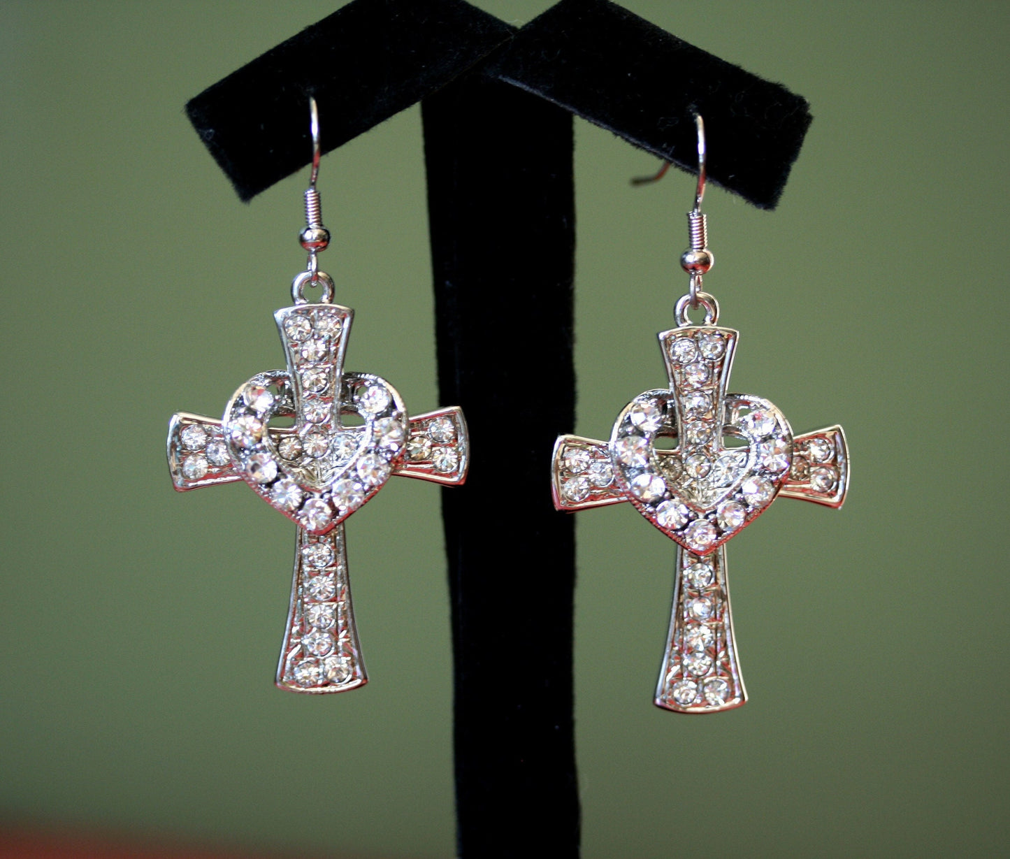 Fashion Heart with Crystal Cross Personality Fishhook Earrings Charm Women Girls