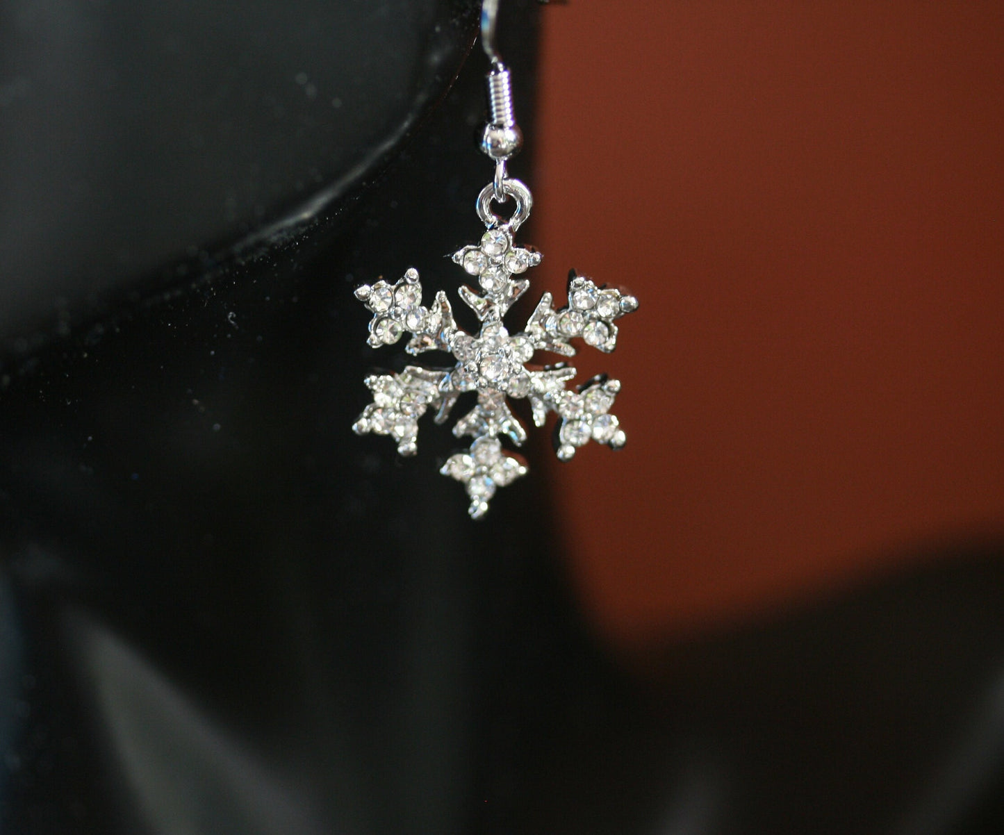 Rhinestone French Hook Snowflake Earrings, Silver Plated Christmas Crystal Snow Flake Dangling Earring, Holiday Fashion Jewelry Gift