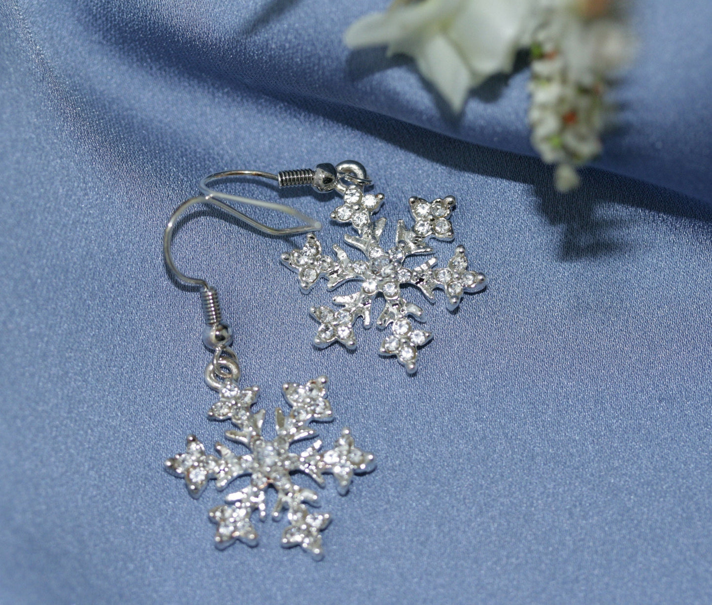 Rhinestone French Hook Snowflake Earrings, Silver Plated Christmas Crystal Snow Flake Dangling Earring, Holiday Fashion Jewelry Gift