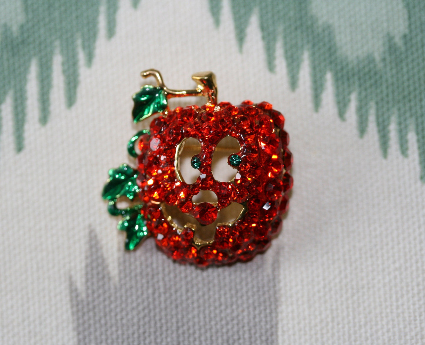 Rhinestone Orange Pumpkin Face Brooch Pin, Halloween Jewelry Gift