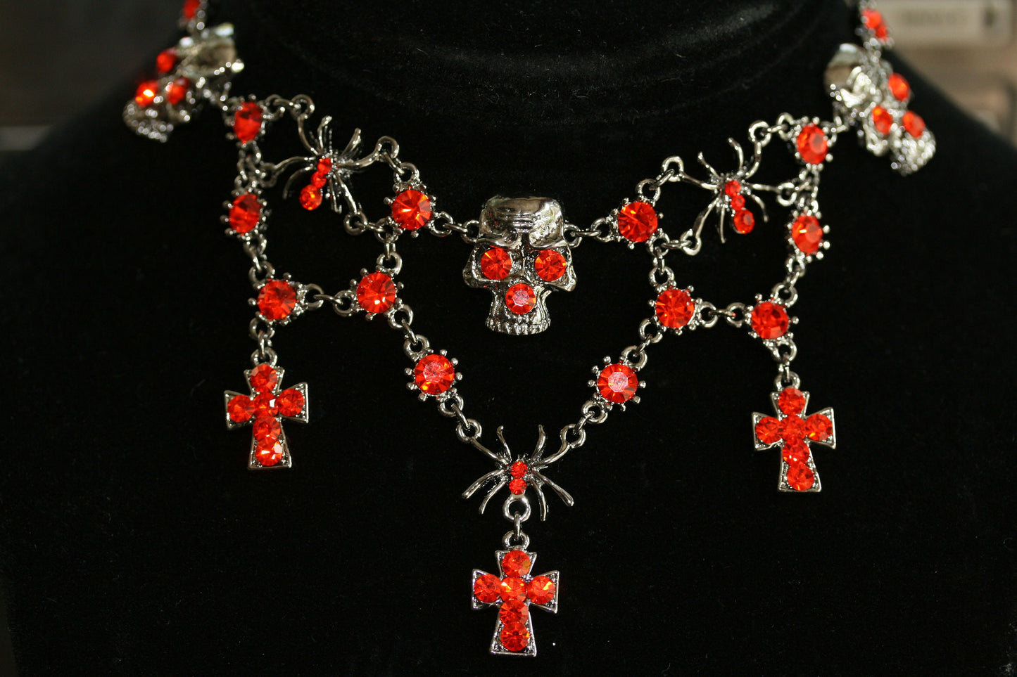 Halloween Rhinestone Spider Skull Choker Necklace Vintage Cross Jewelry