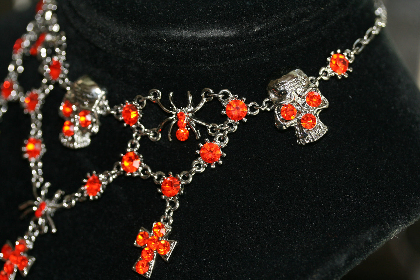 Halloween Rhinestone Spider Skull Choker Necklace Vintage Cross Jewelry