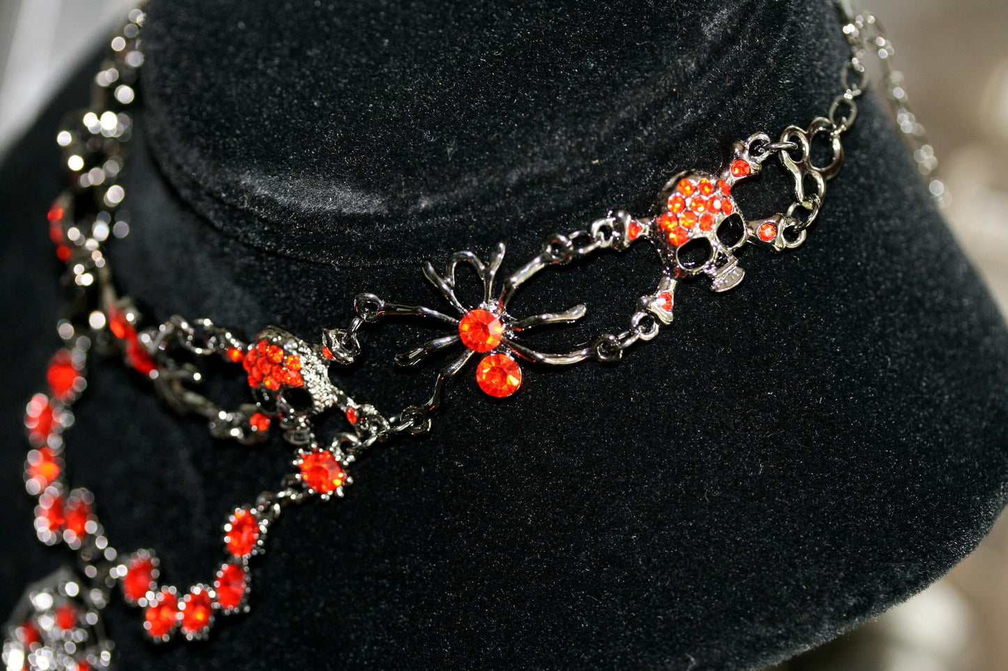 Vintage Halloween Rhinestone Spider, Web, Skull Choker Necklace Jewelry