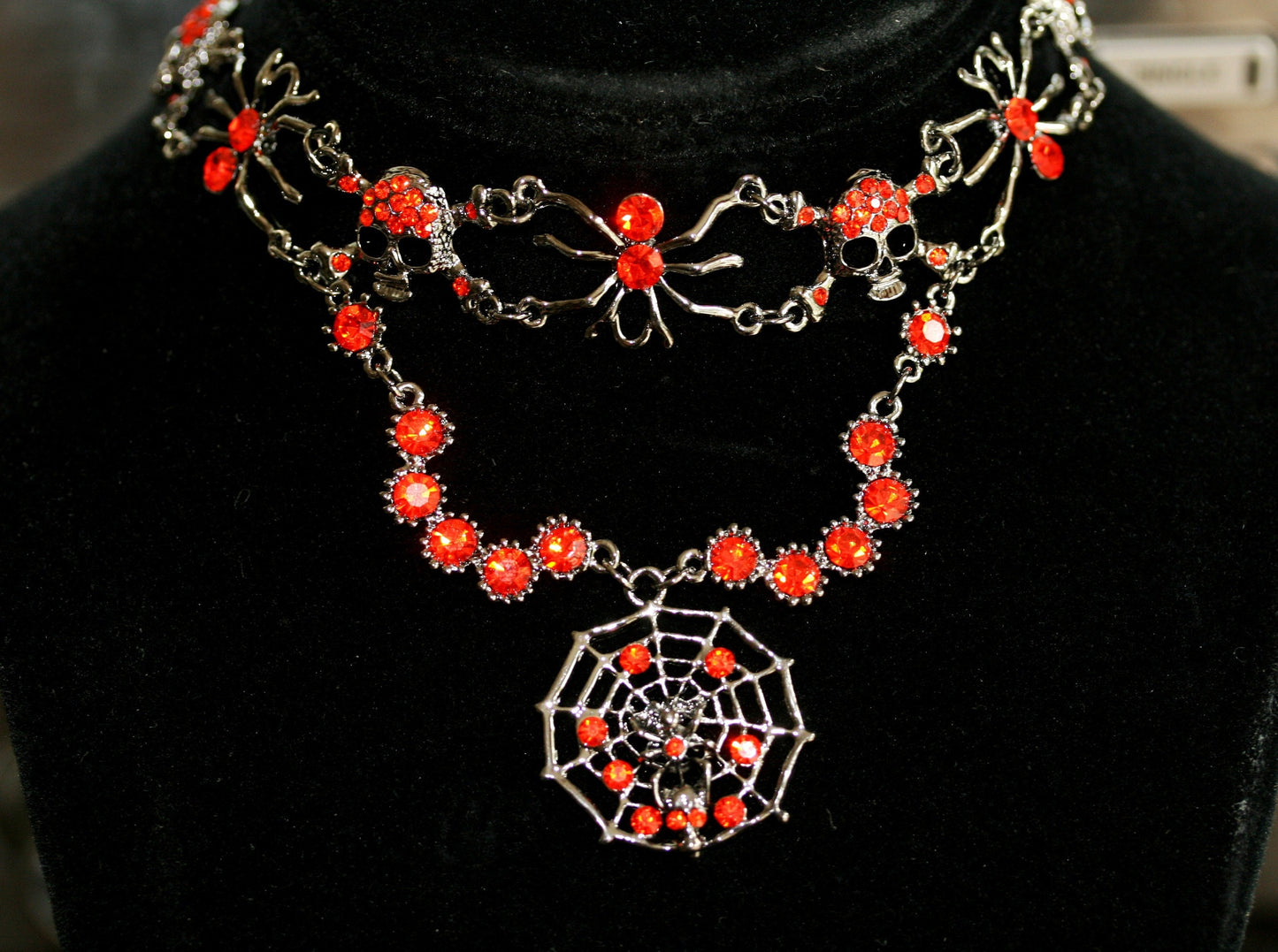 Vintage Halloween Rhinestone Spider, Web, Skull Choker Necklace Jewelry