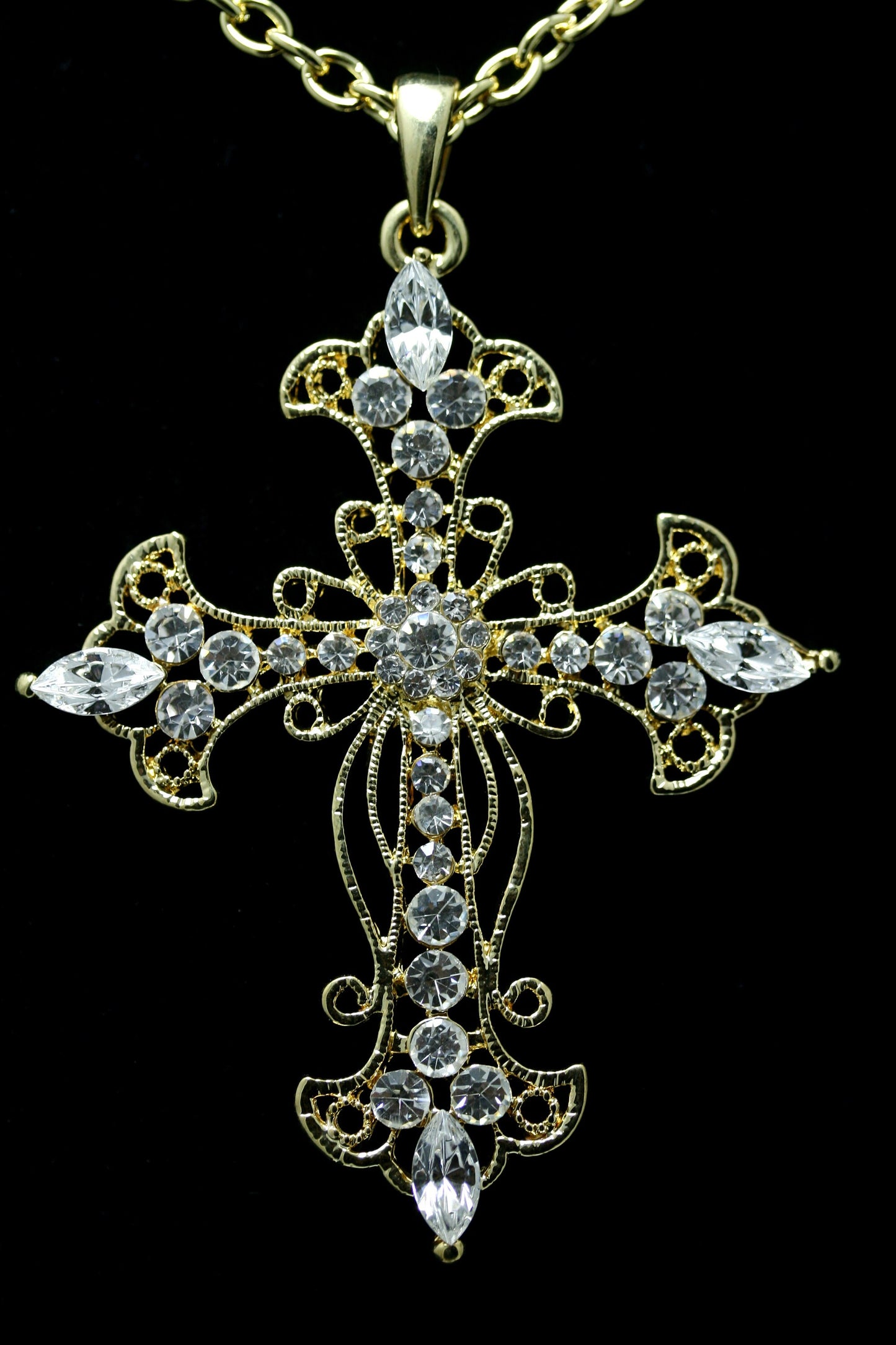 Gold Plated Rhinestone Flower Cross Cubic Zirconia Pendant Necklace