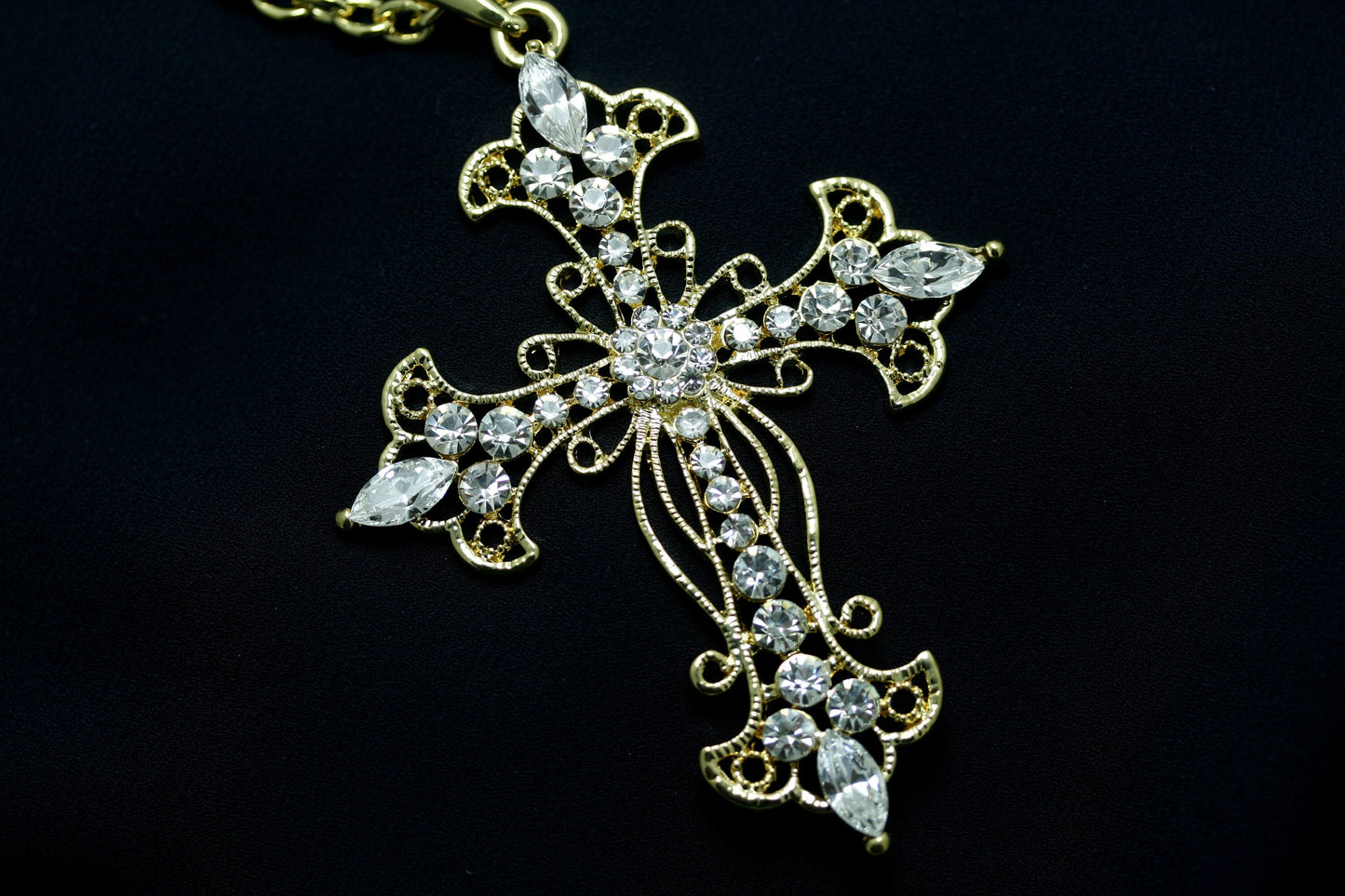 Gold Plated Rhinestone Flower Cross Cubic Zirconia Pendant Necklace