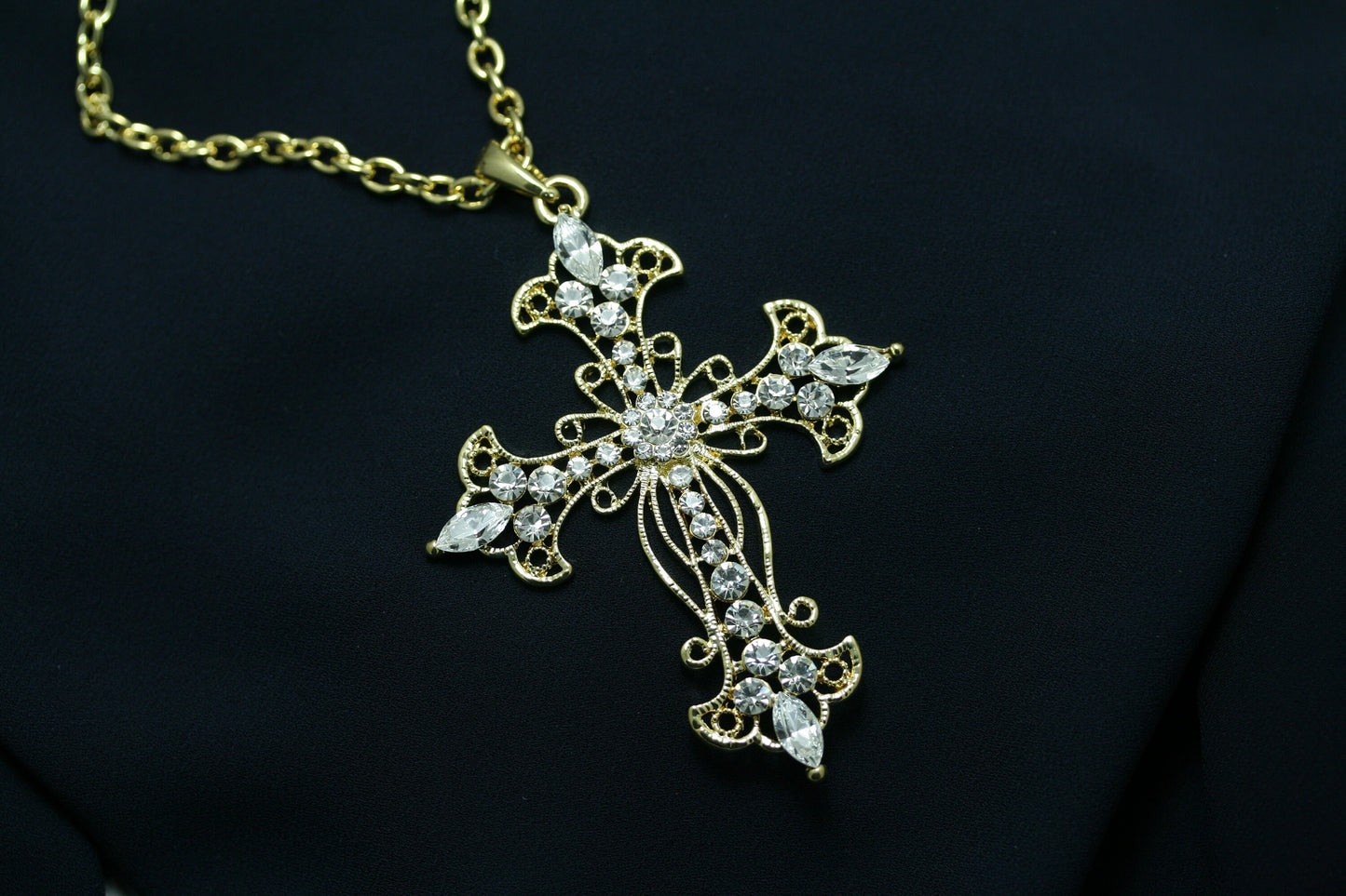 Gold Plated Rhinestone Flower Cross Cubic Zirconia Pendant Necklace