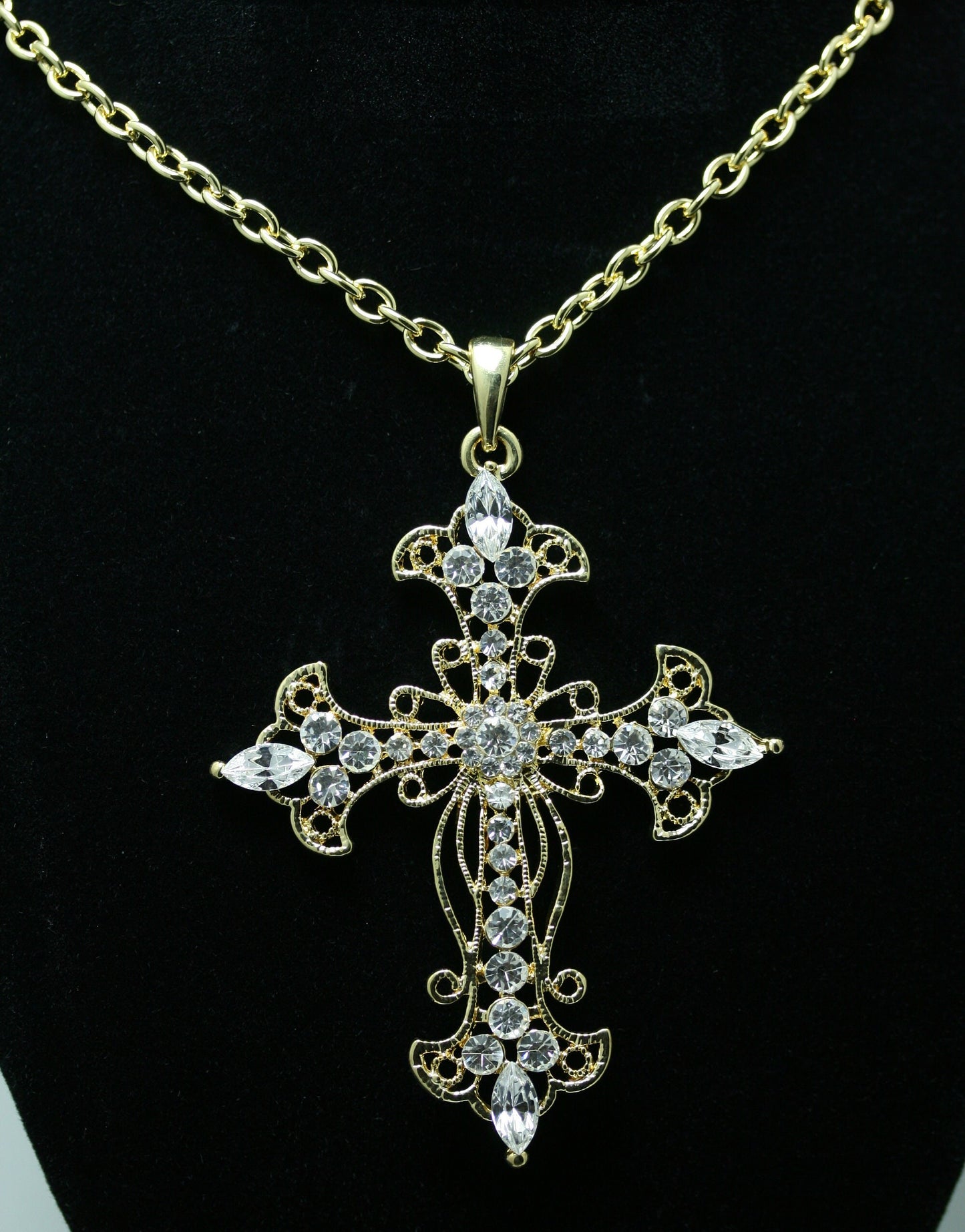 Gold Plated Rhinestone Flower Cross Cubic Zirconia Pendant Necklace