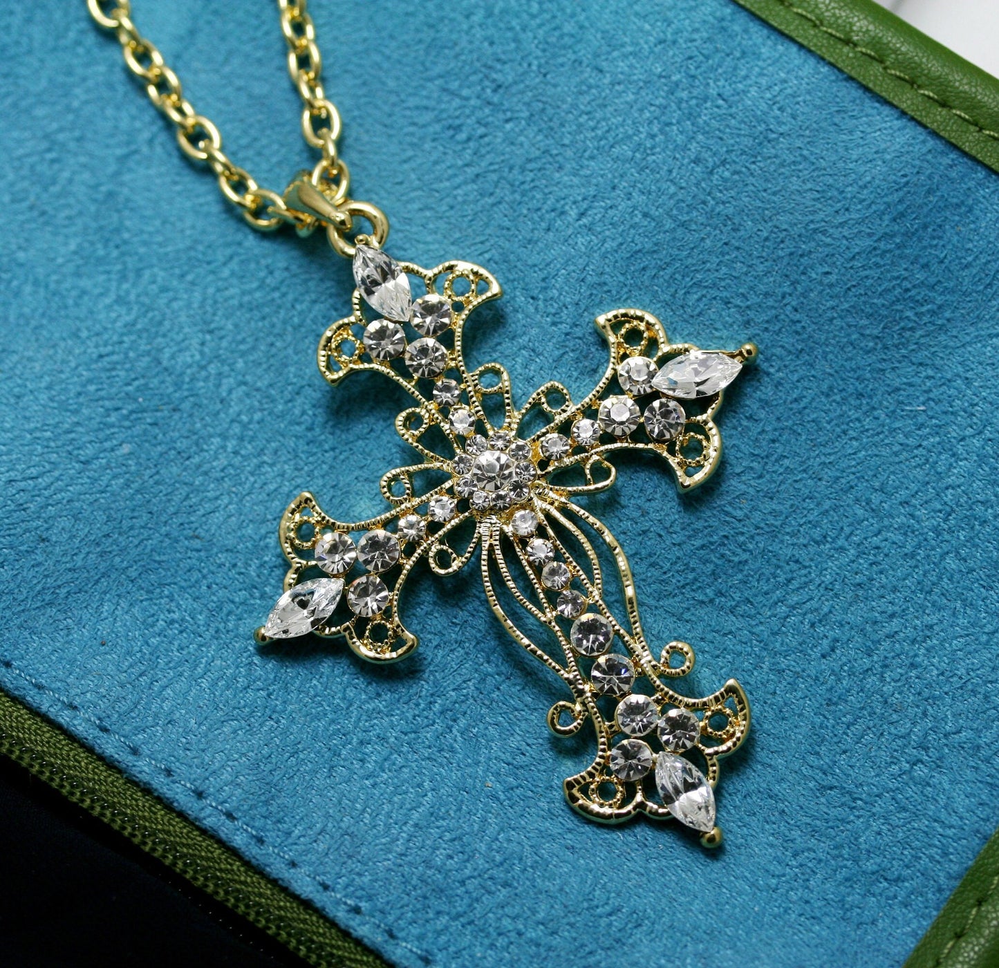Gold Plated Rhinestone Flower Cross Cubic Zirconia Pendant Necklace
