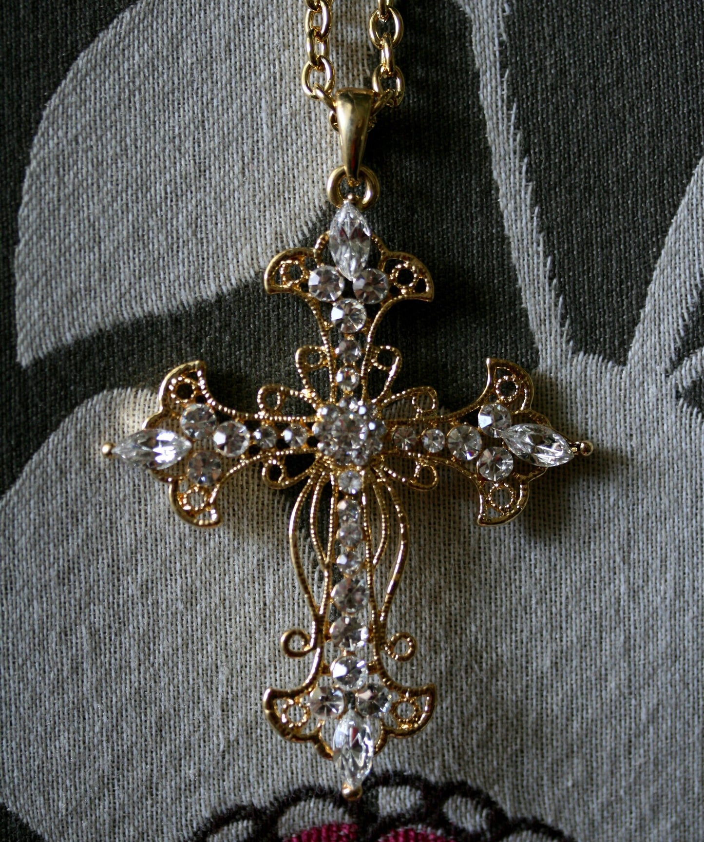 Gold Plated Rhinestone Flower Cross Cubic Zirconia Pendant Necklace