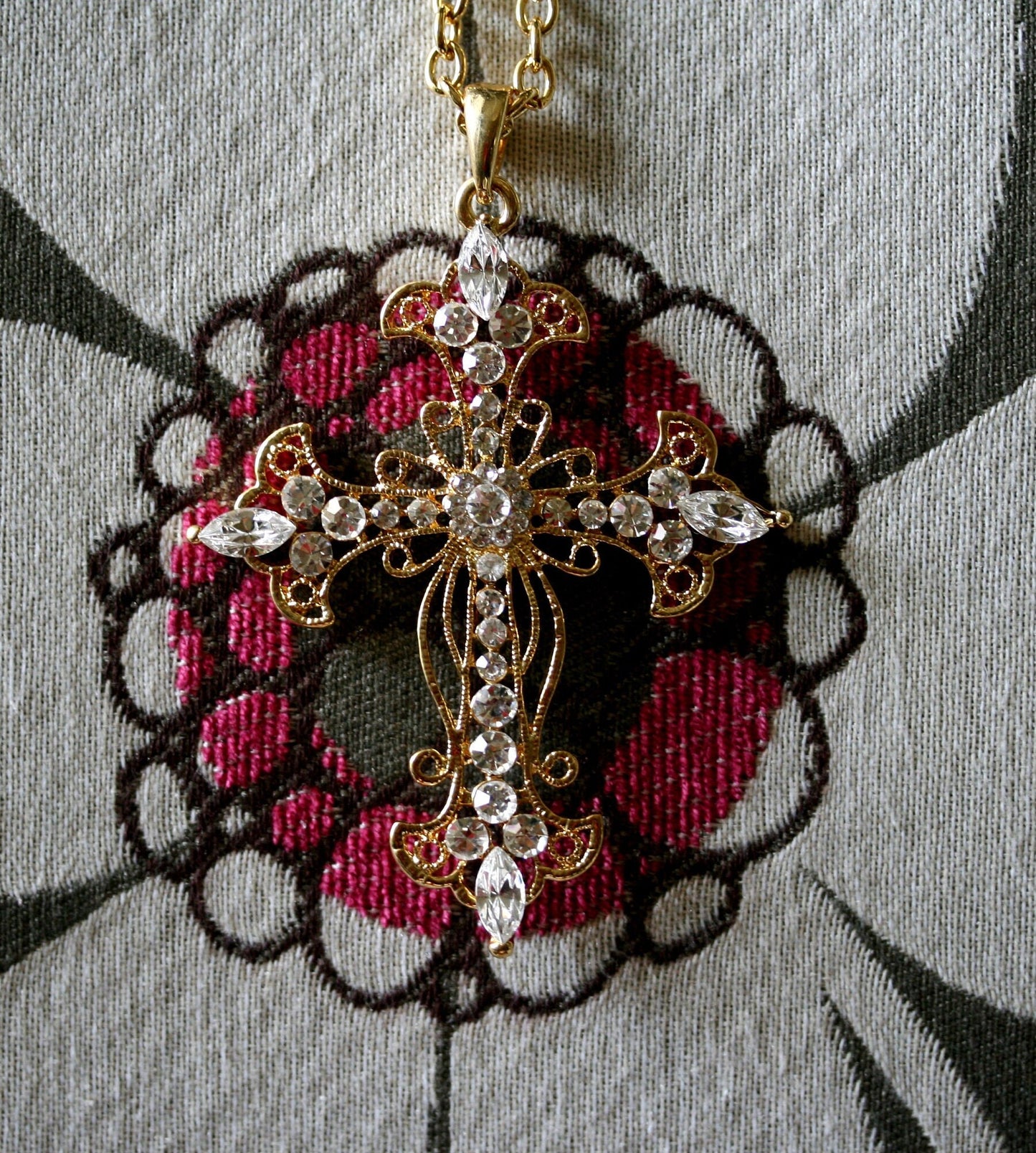 Gold Plated Rhinestone Flower Cross Cubic Zirconia Pendant Necklace