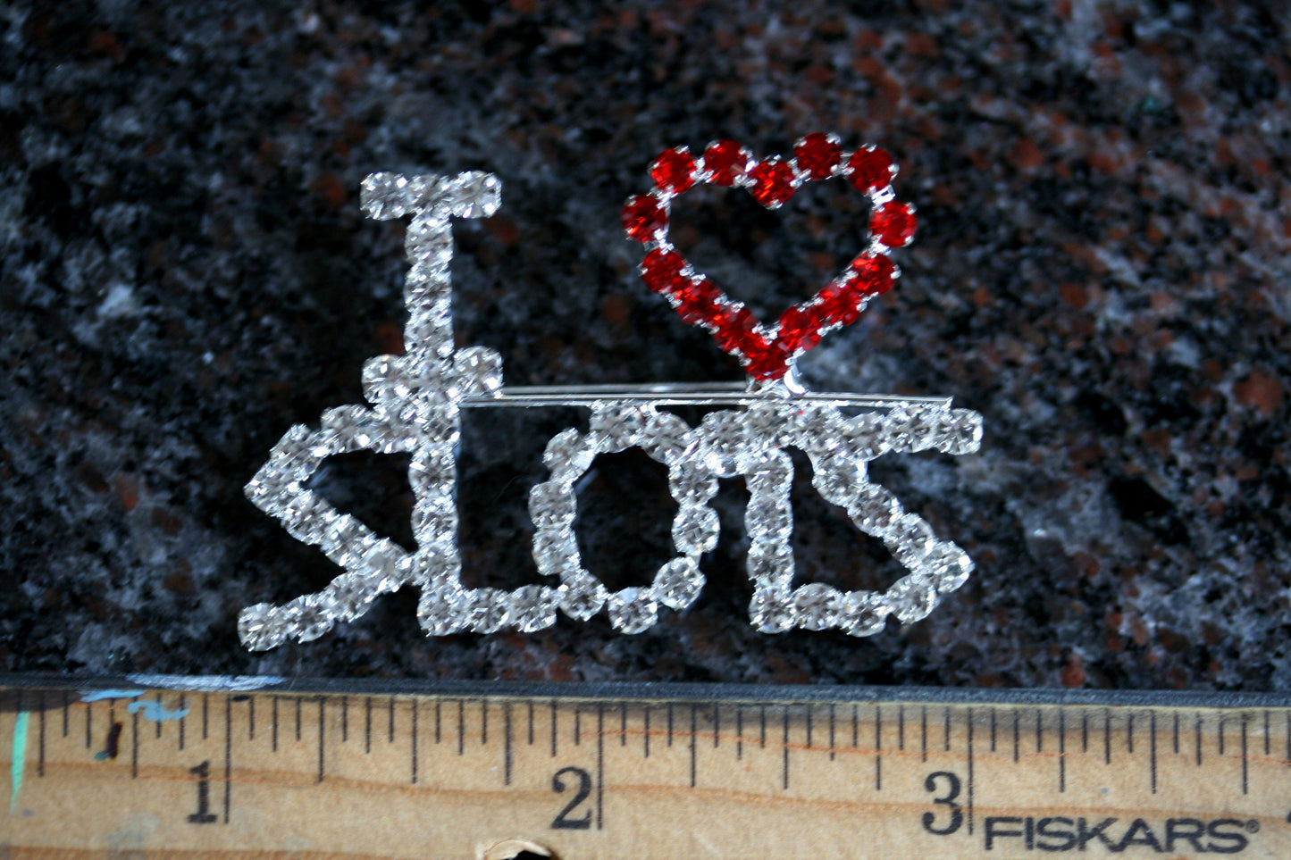 I Love BINGO, I Love SLOTS Clear Rhinestone Red Heart Silver Tone Pin Brooch