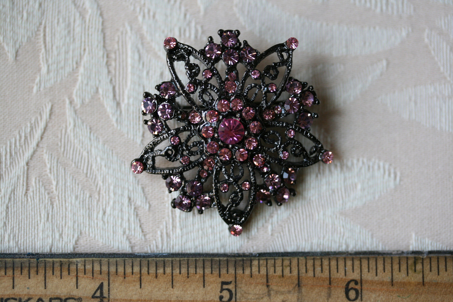 Vintage Rhinestone Pink Flower Brooch On Black Metal Crystal Pink Flower Lapel Pin,