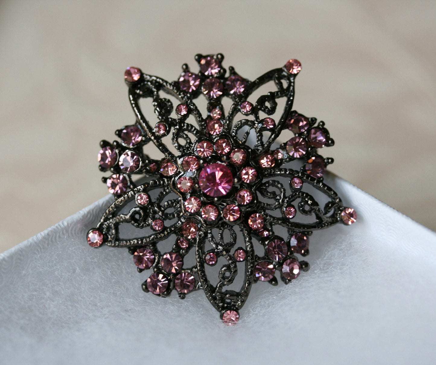 Vintage Rhinestone Pink Flower Brooch On Black Metal Crystal Pink Flower Lapel Pin,