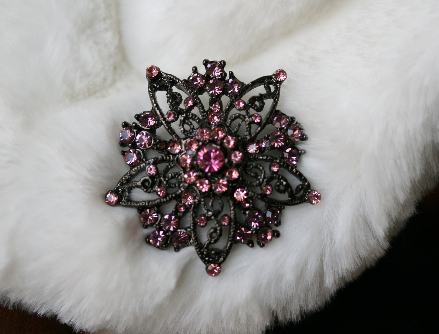 Vintage Rhinestone Pink Flower Brooch On Black Metal Crystal Pink Flower Lapel Pin,