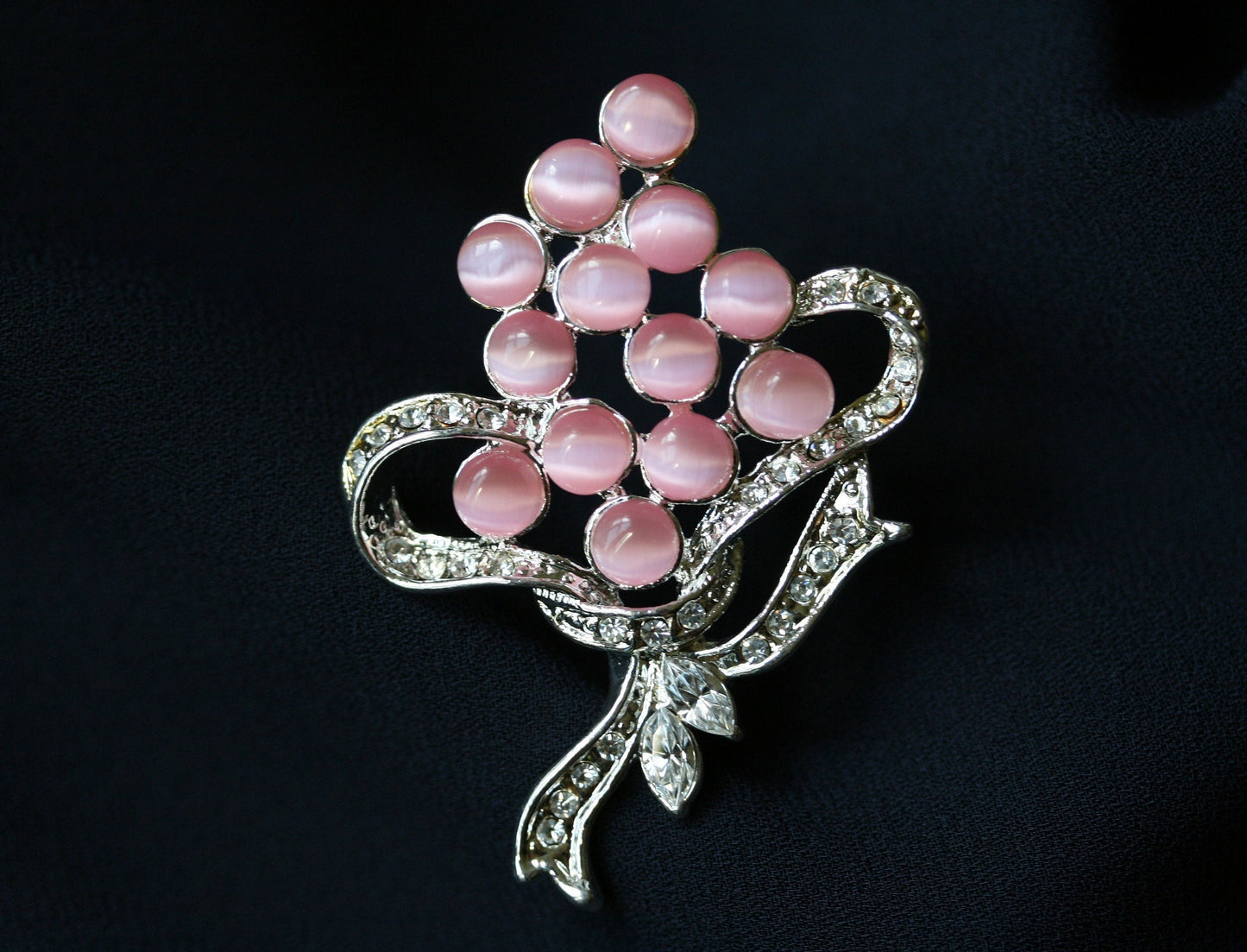 Rhinestone & Cat Eye Stone Décor Brooch, Woman's Elegant Flower Floral Bridal Wedding Bouquet Brooches Imitation Cats Eye Brooch Pins