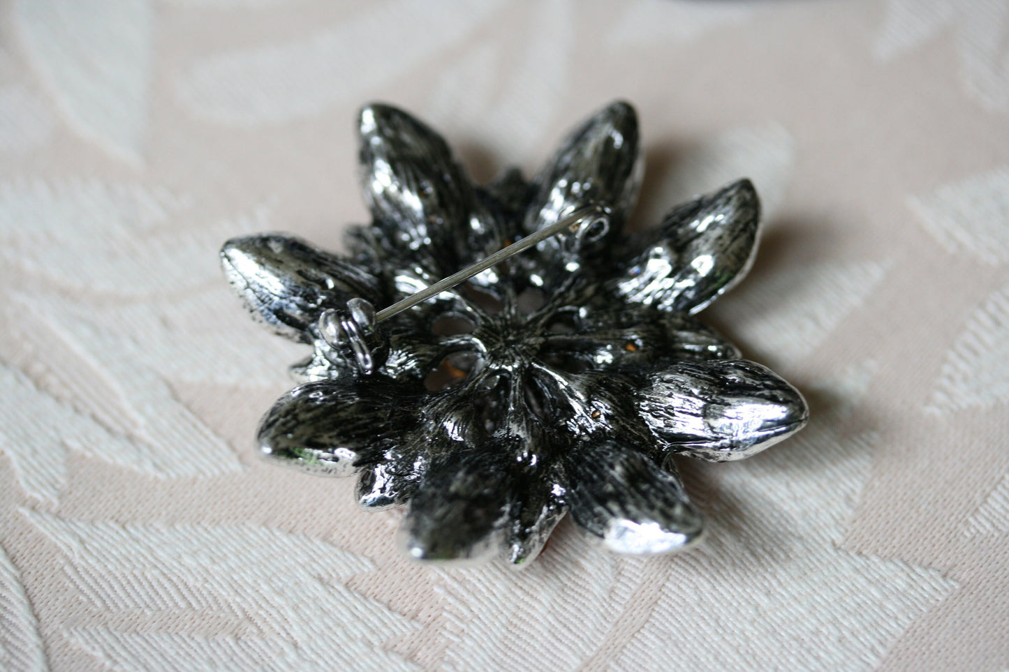 Rhinestone Pink/Purple Flower Brooch in pewter tone metal