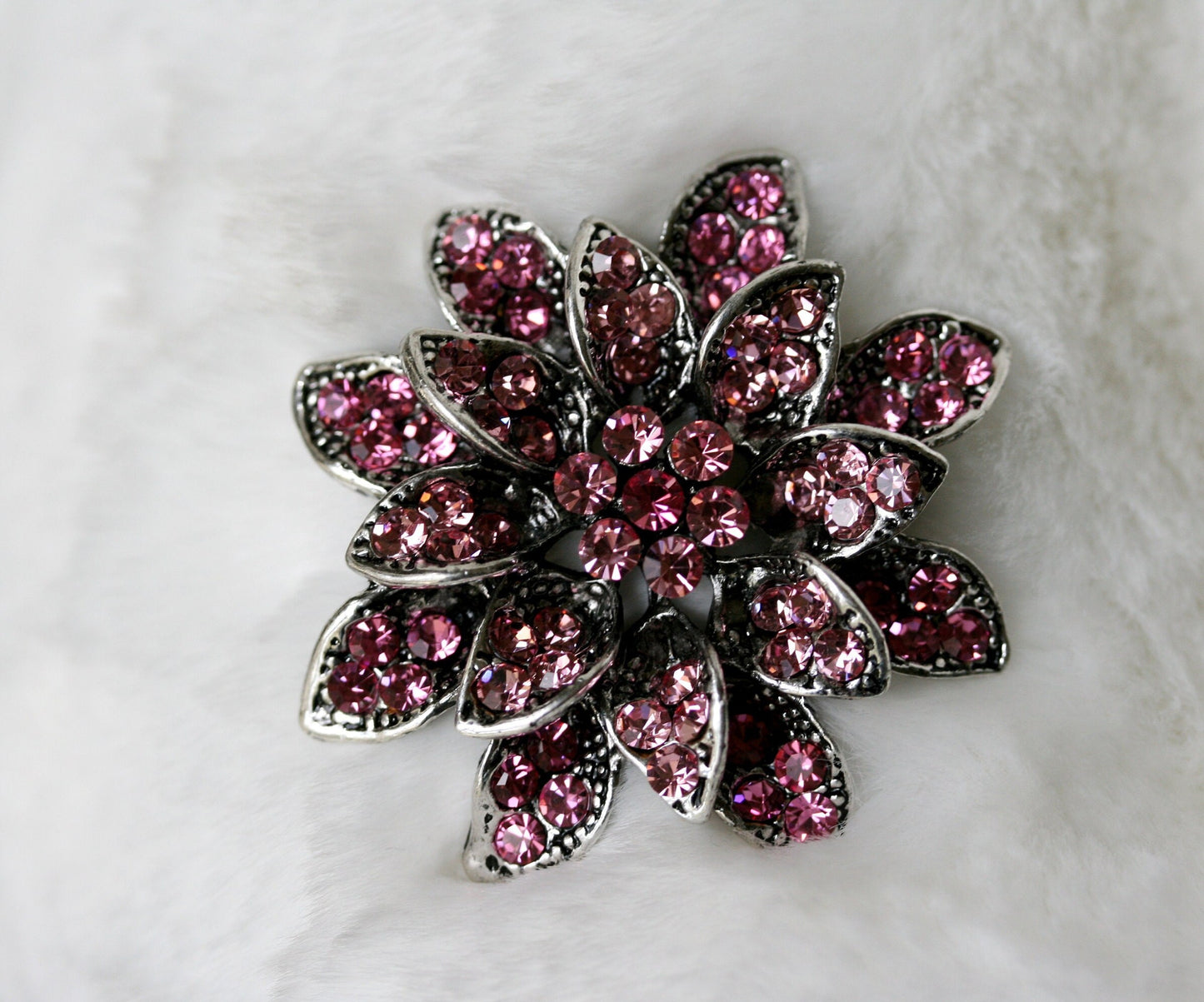 Rhinestone Pink/Purple Flower Brooch in pewter tone metal