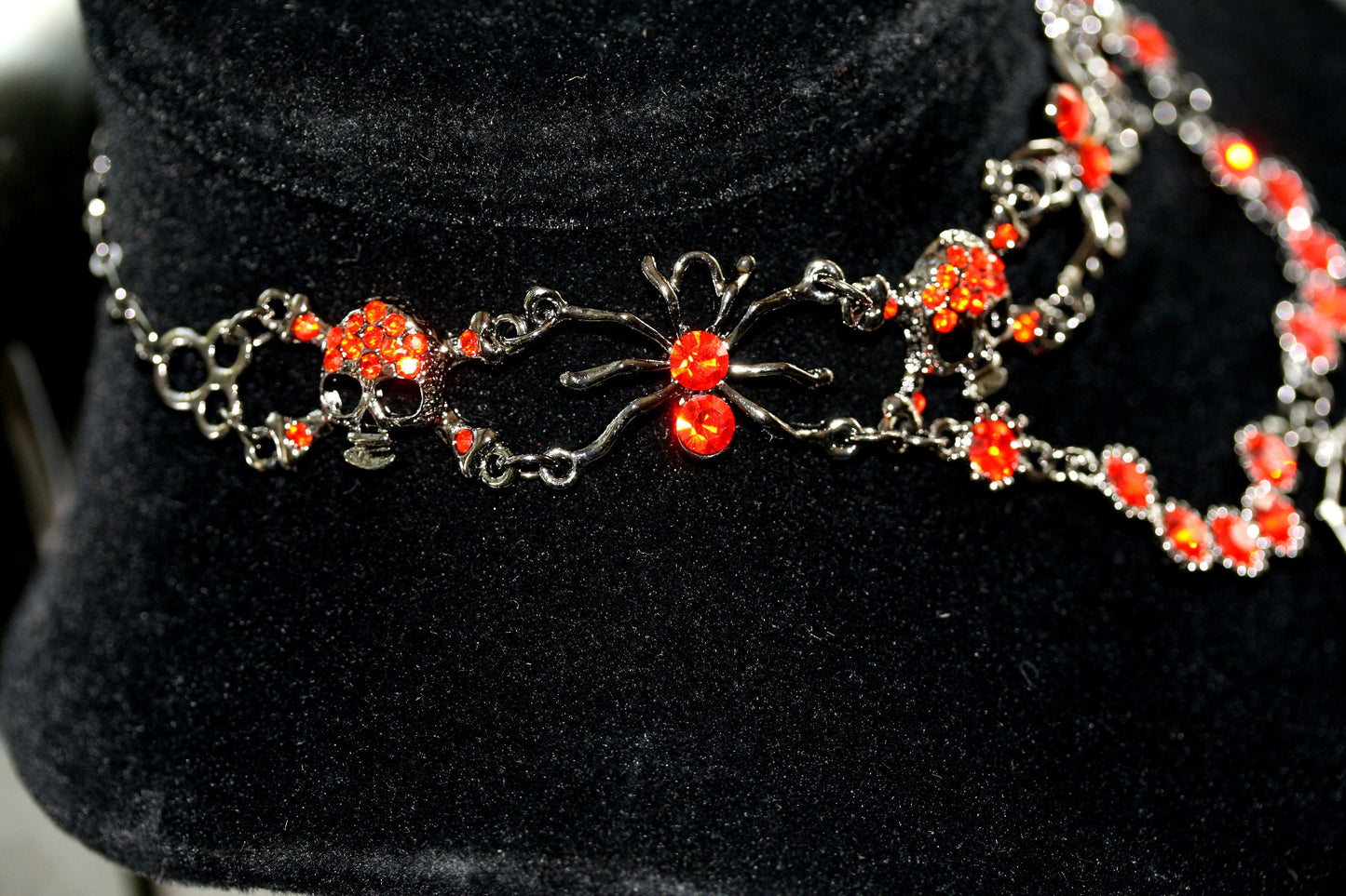 Vintage Halloween Rhinestone Spider, Web, Skull Choker Necklace Jewelry