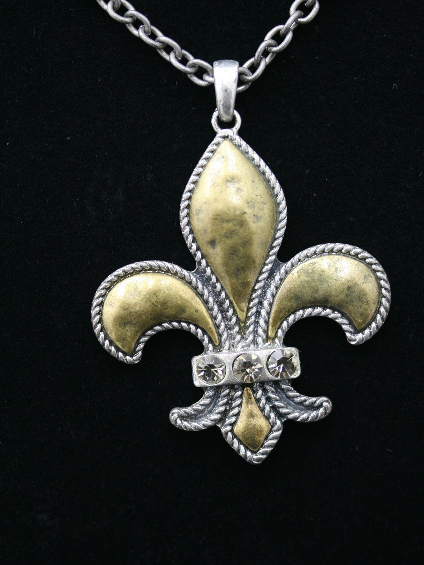 Vintage Rhinestone French Flower Fleur de Lis Pendant in Gold Antique Brass USA Metals Fleur De Lis Necklace