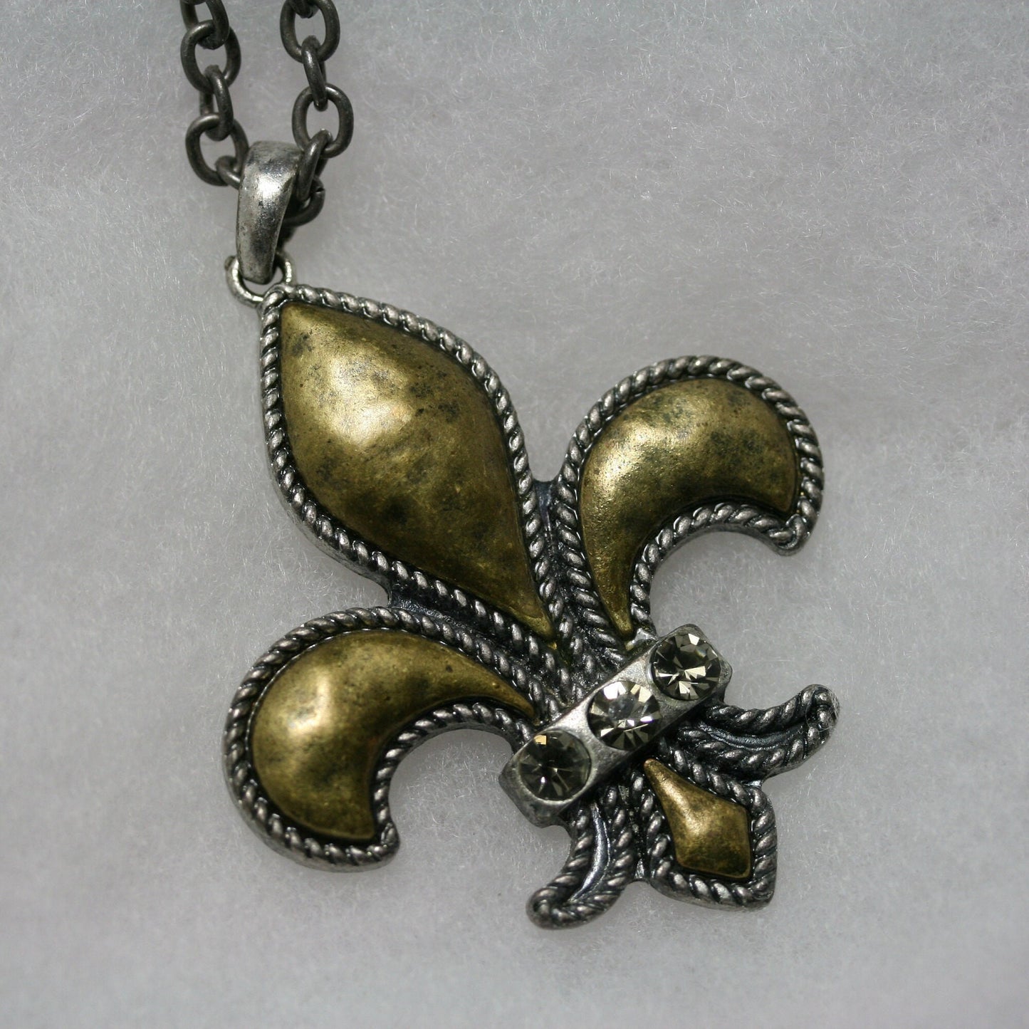 Vintage Rhinestone French Flower Fleur de Lis Pendant in Gold Antique Brass USA Metals Fleur De Lis Necklace