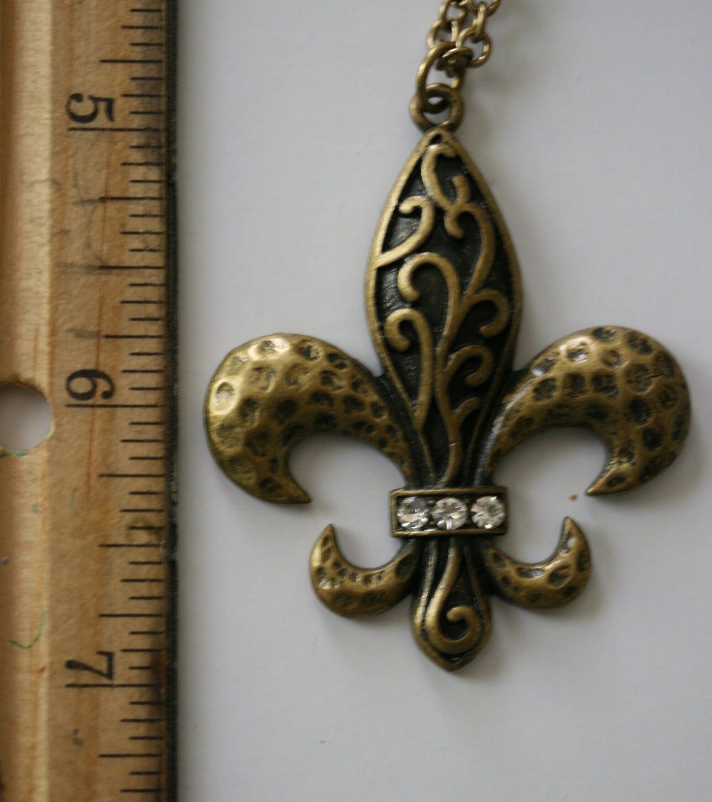 Vintage Rhinestone French Flower Fleur de Lis Pendant in Gold Antique Brass USA Metals Fleur De Lis Necklace