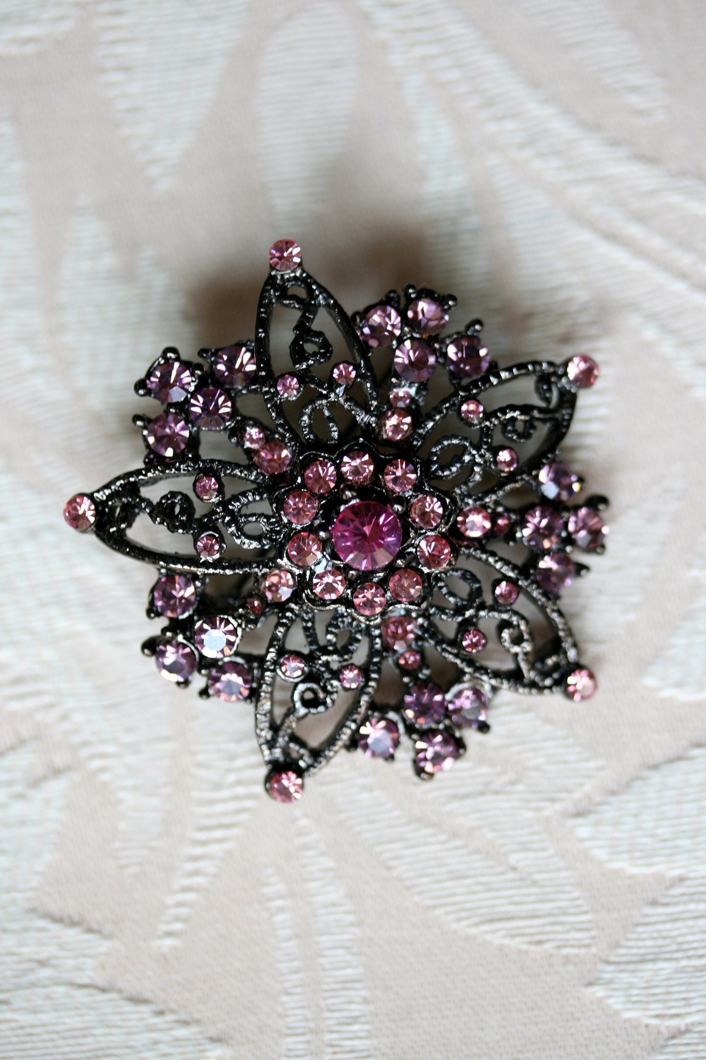 Vintage Rhinestone Pink Flower Brooch On Black Metal Crystal Pink Flower Lapel Pin,