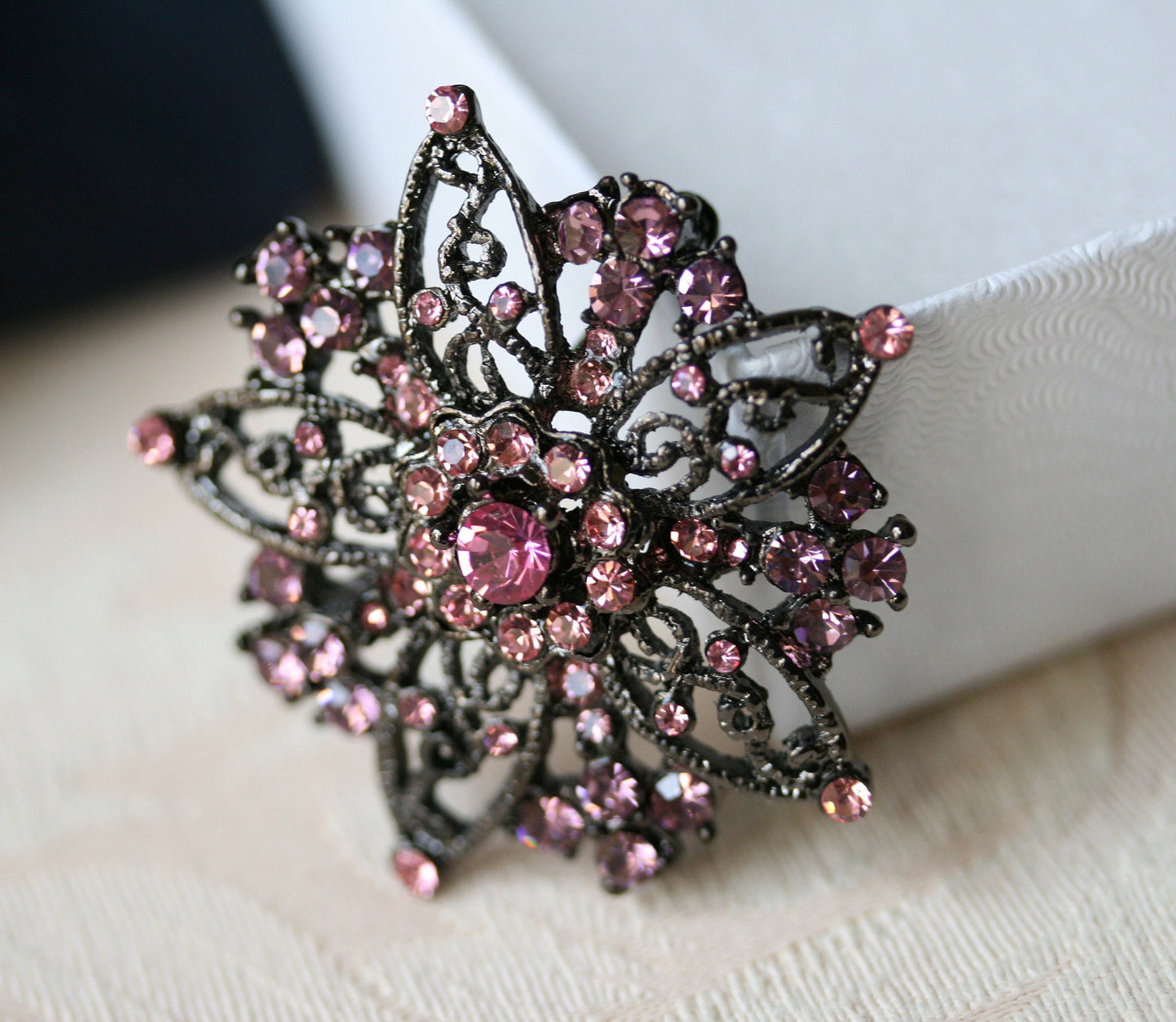 Vintage Rhinestone Pink Flower Brooch On Black Metal Crystal Pink Flower Lapel Pin,