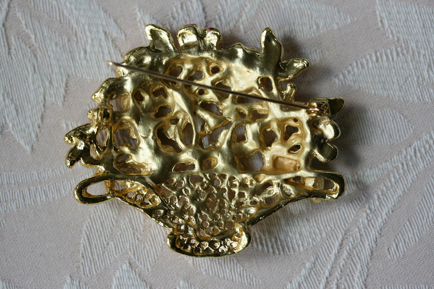 Vintage flower basket brooch enameled pastel flowers large display sweater pin gold tone metal filigree basket