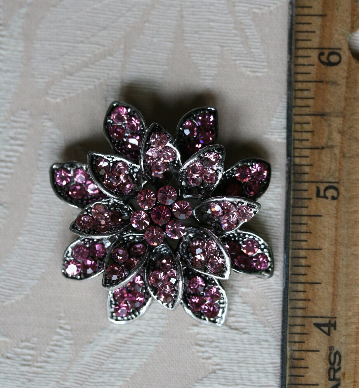 Rhinestone Pink/Purple Flower Brooch in pewter tone metal