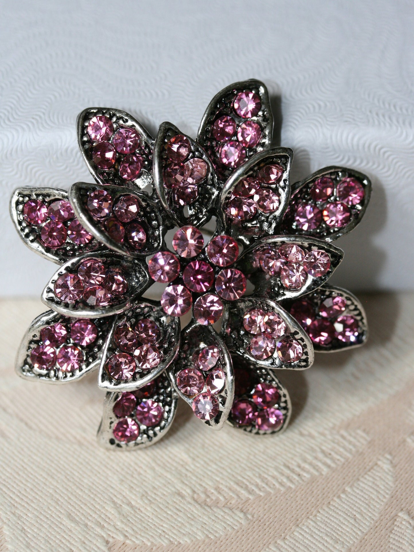Rhinestone Pink/Purple Flower Brooch in pewter tone metal