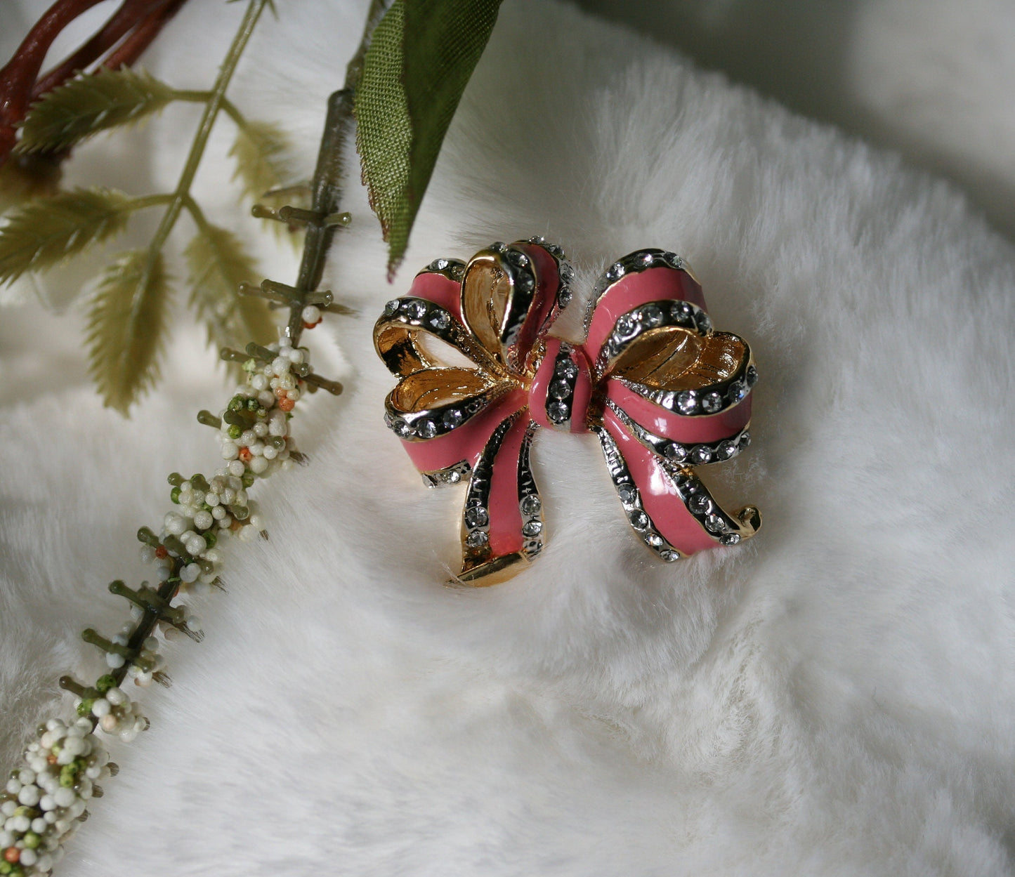 Vintage Holiday Pink Christmas Bow with rhinestones Brooch/Pin