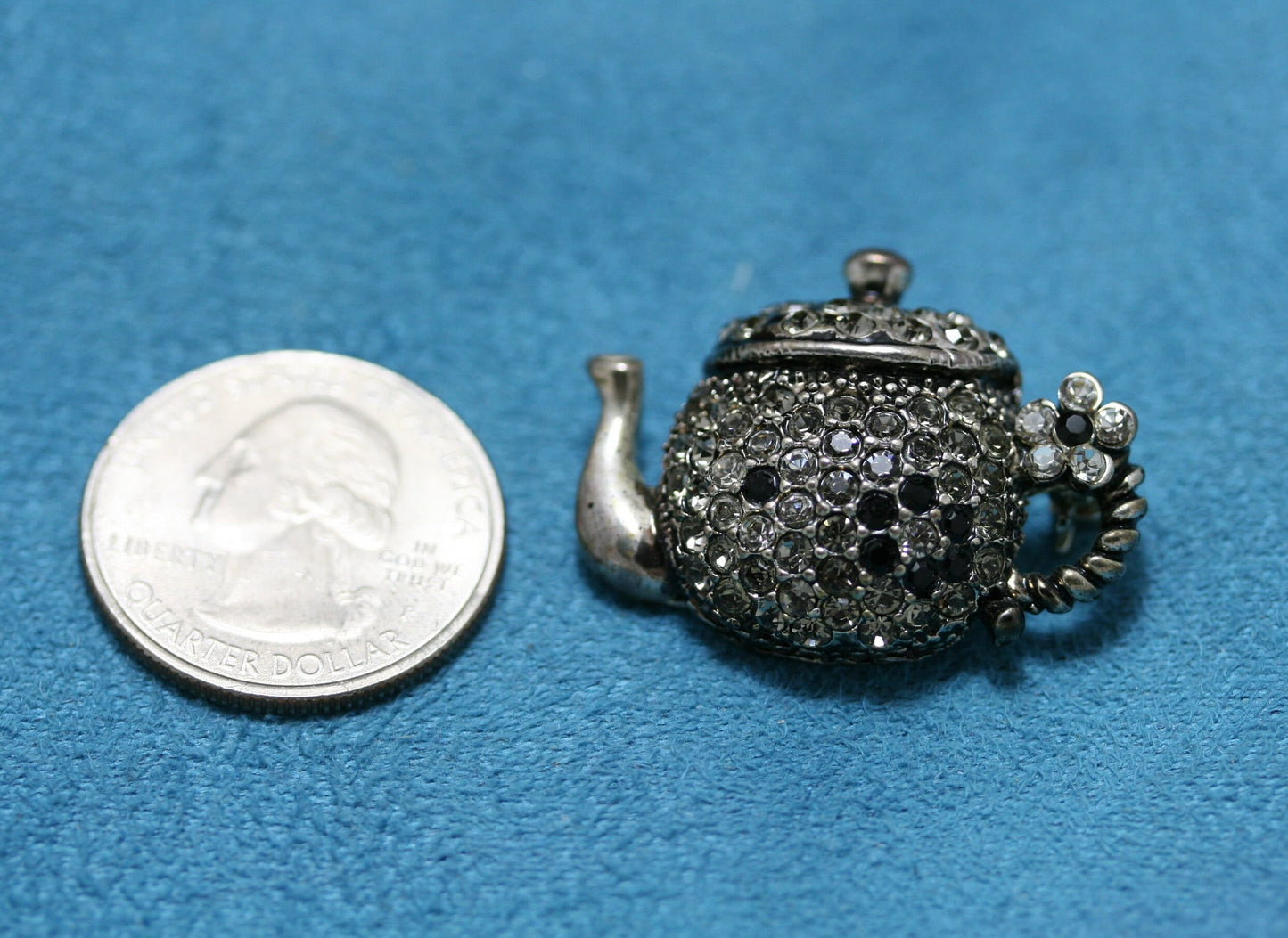 Vintage Rhinestone Silver Tone Teapot Brooch/Pin With Flowers Antique Teapot Jewelry